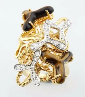 Tiger Eye Quartz & Diamond Free Form Design 18k Two-Tone Gold Cluster Ring