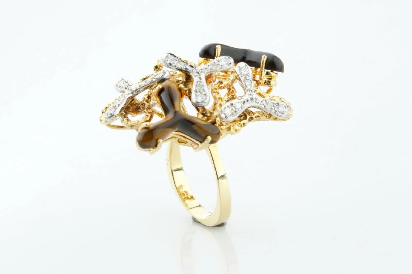Tiger Eye Quartz & Diamond Free Form Design 18k Two-Tone Gold Cluster Ring