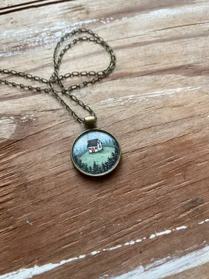 Tiny House on a Hill, Watercolor Landscape Hand Painted Necklace, Original Art Pendant