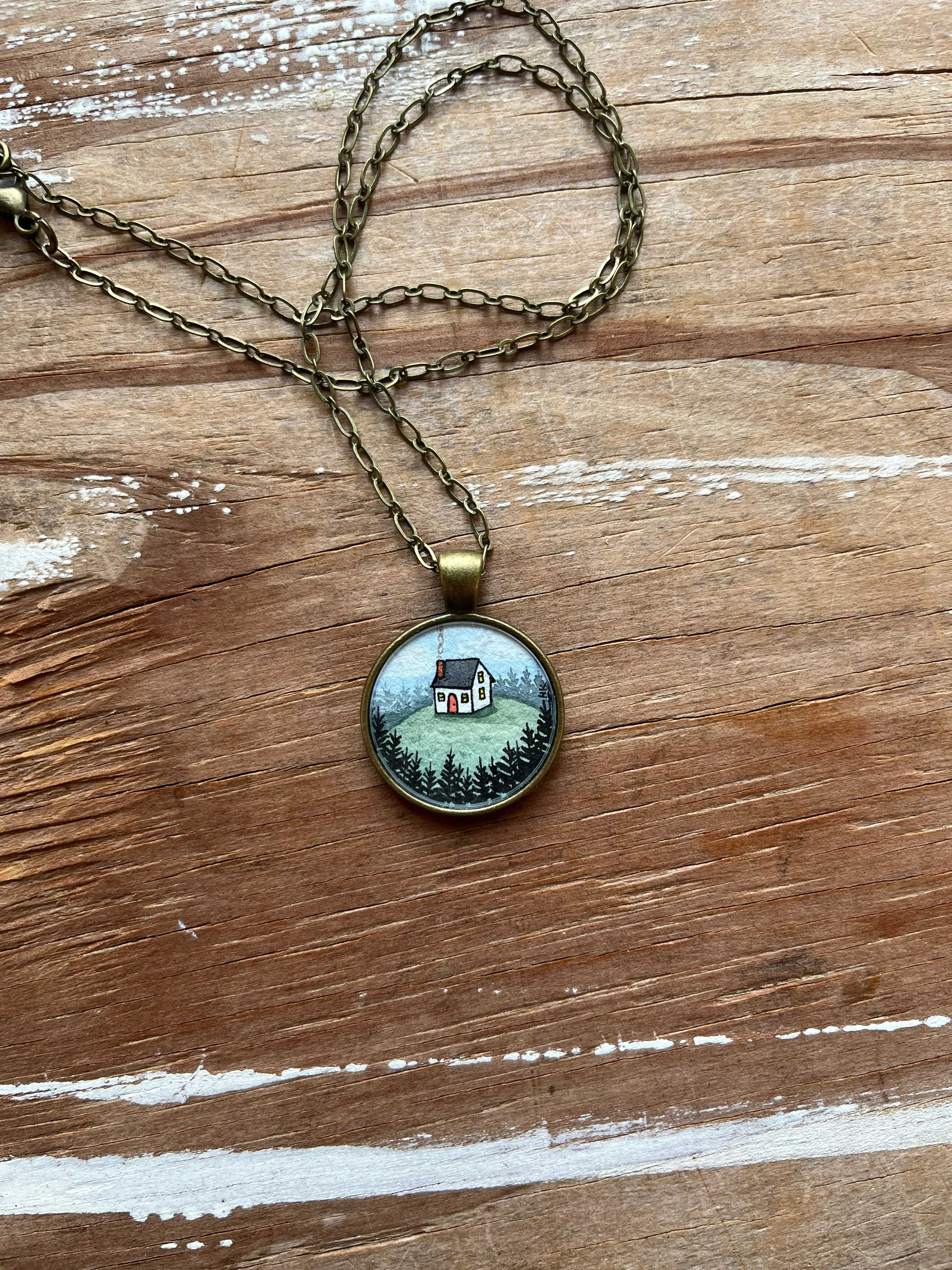 Tiny House on a Hill, Watercolor Landscape Hand Painted Necklace, Original Art Pendant