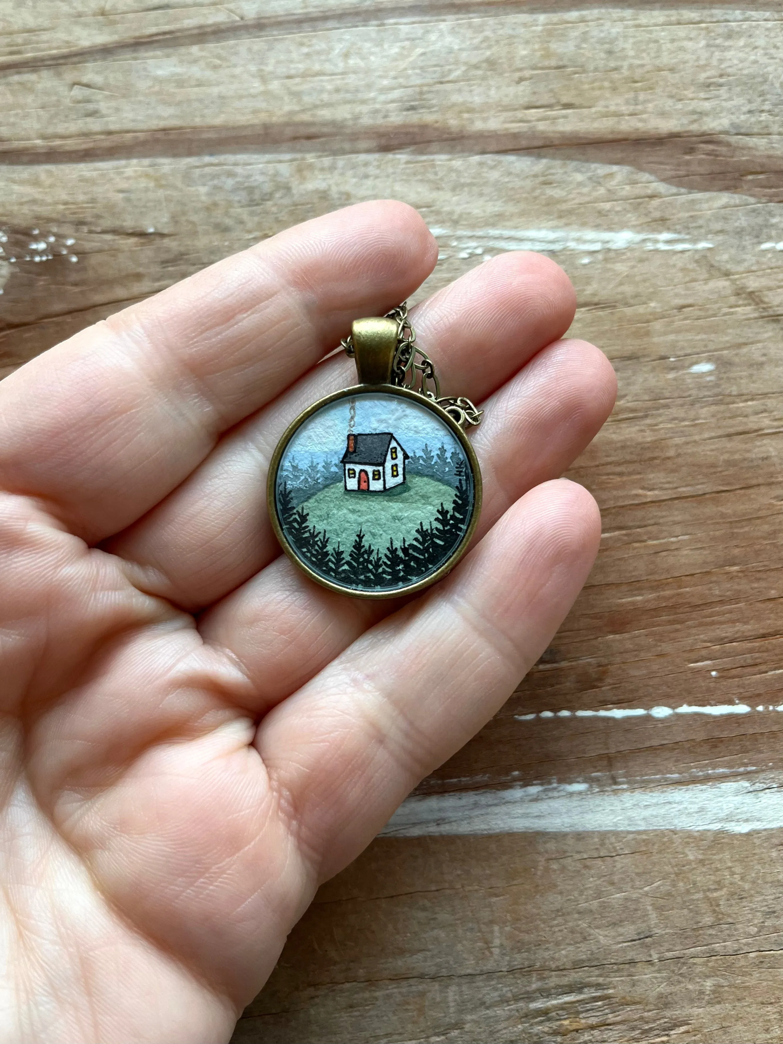 Tiny House on a Hill, Watercolor Landscape Hand Painted Necklace, Original Art Pendant