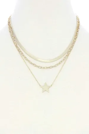 Triple Layer Star Pendant Metal Necklace