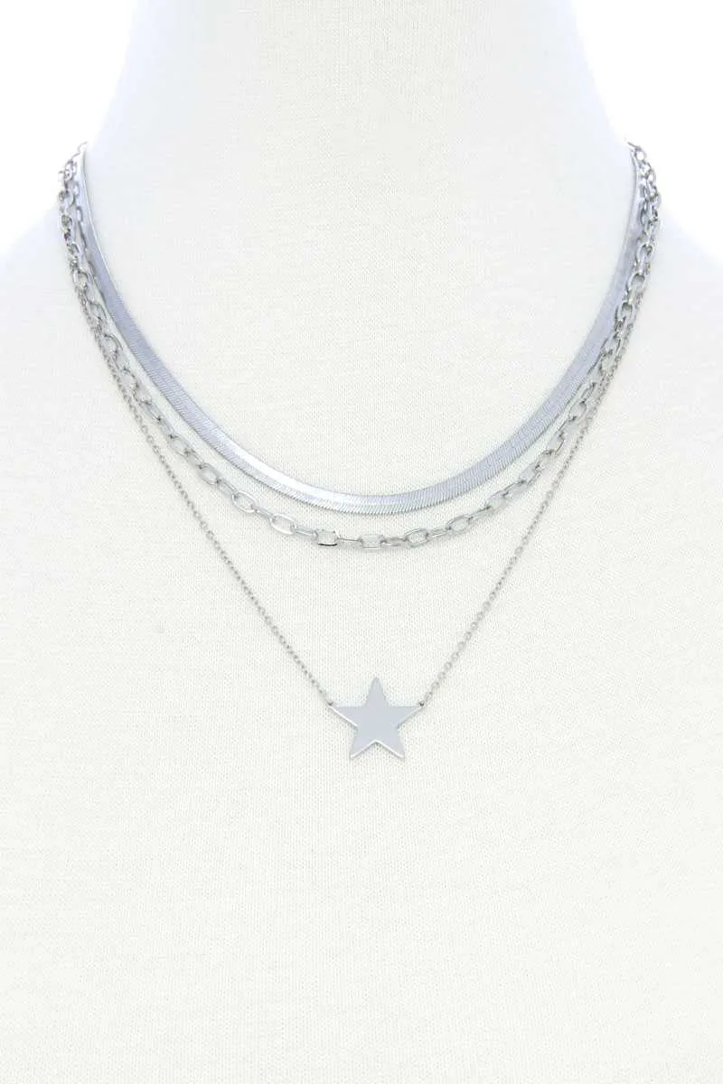 Triple Layer Star Pendant Metal Necklace