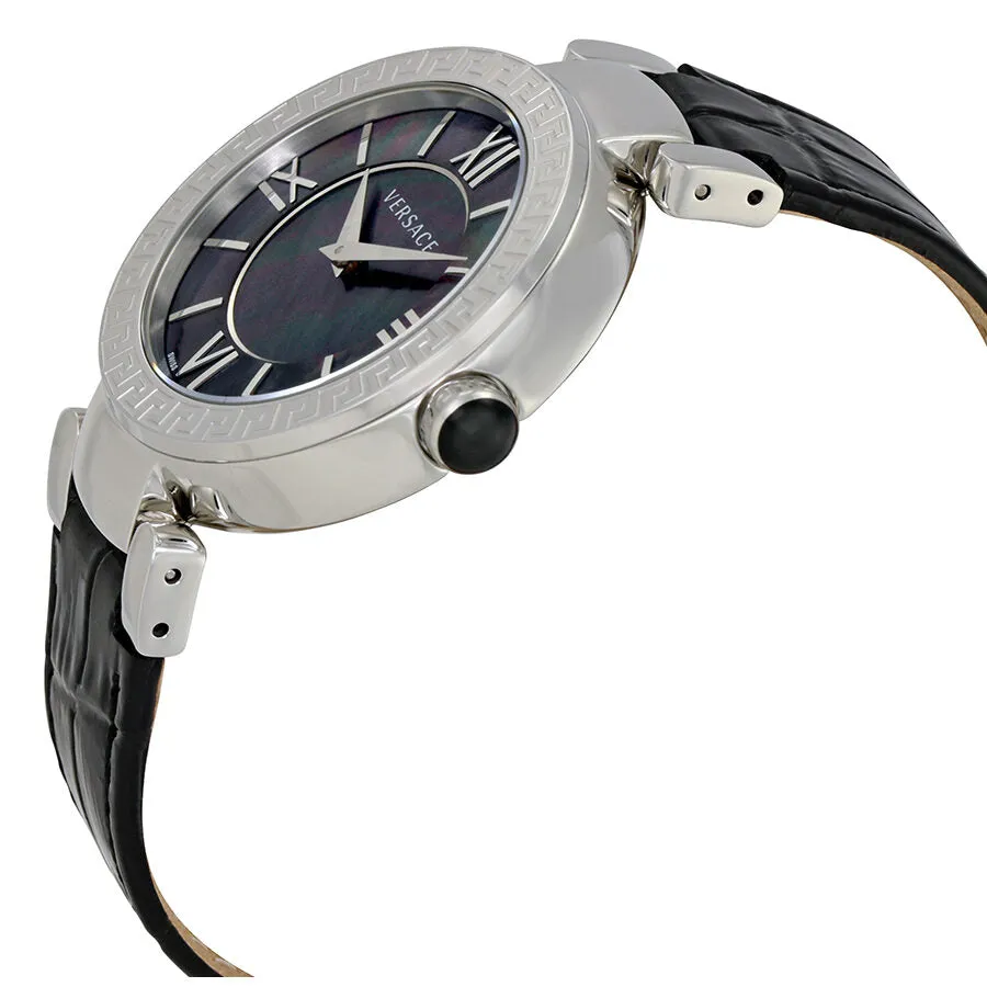Versace Leda Black Mother of Pearl Dial Black Leather Ladies Watch VNC180017