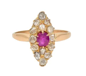 Victorian 1.20 CTW Ruby Diamond 18K Yellow Gold Antique Navette Cluster Ring