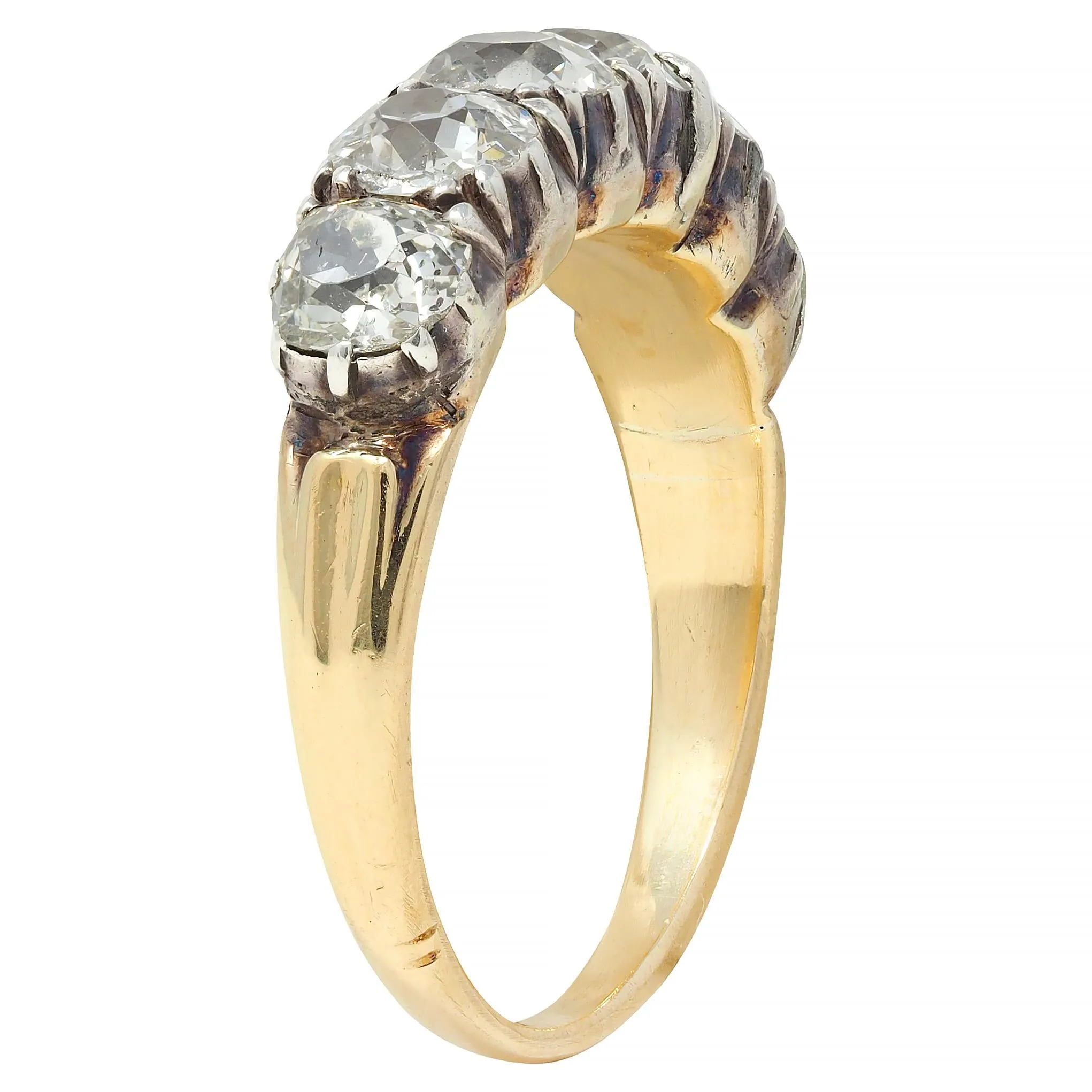 Victorian 1.45 CTW Old Mine Diamond Silver-Topped 14 Karat Yellow Gold Antique Band Ring