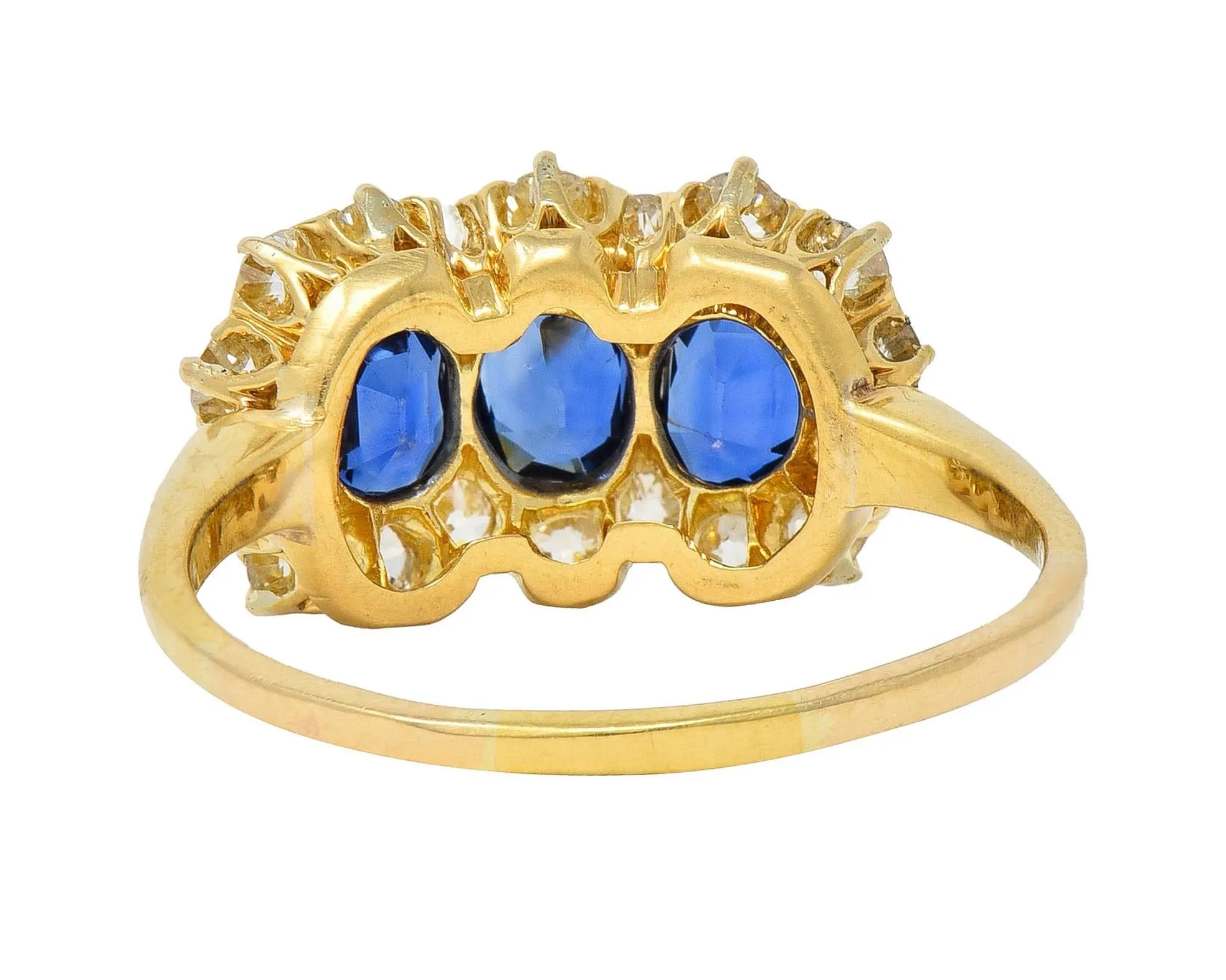 Victorian 2.58 CTW Sapphire Diamond 18 Karat Yellow Gold Antique Cluster Band Ring