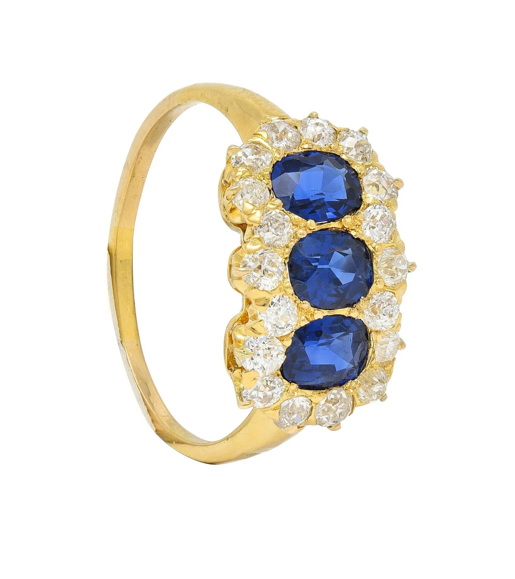 Victorian 2.58 CTW Sapphire Diamond 18 Karat Yellow Gold Antique Cluster Band Ring