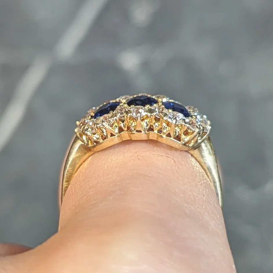 Victorian 2.58 CTW Sapphire Diamond 18 Karat Yellow Gold Antique Cluster Band Ring