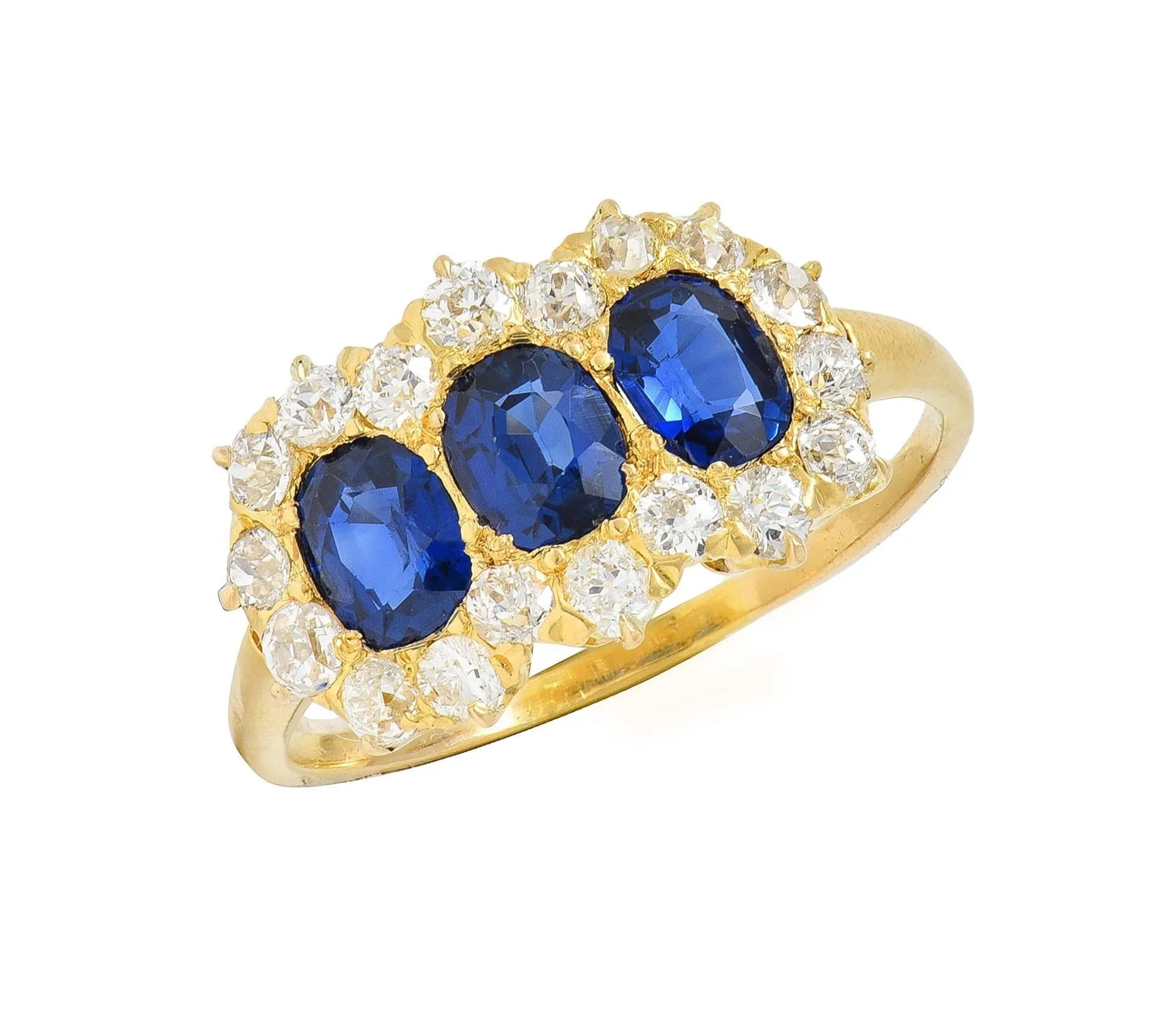 Victorian 2.58 CTW Sapphire Diamond 18 Karat Yellow Gold Antique Cluster Band Ring
