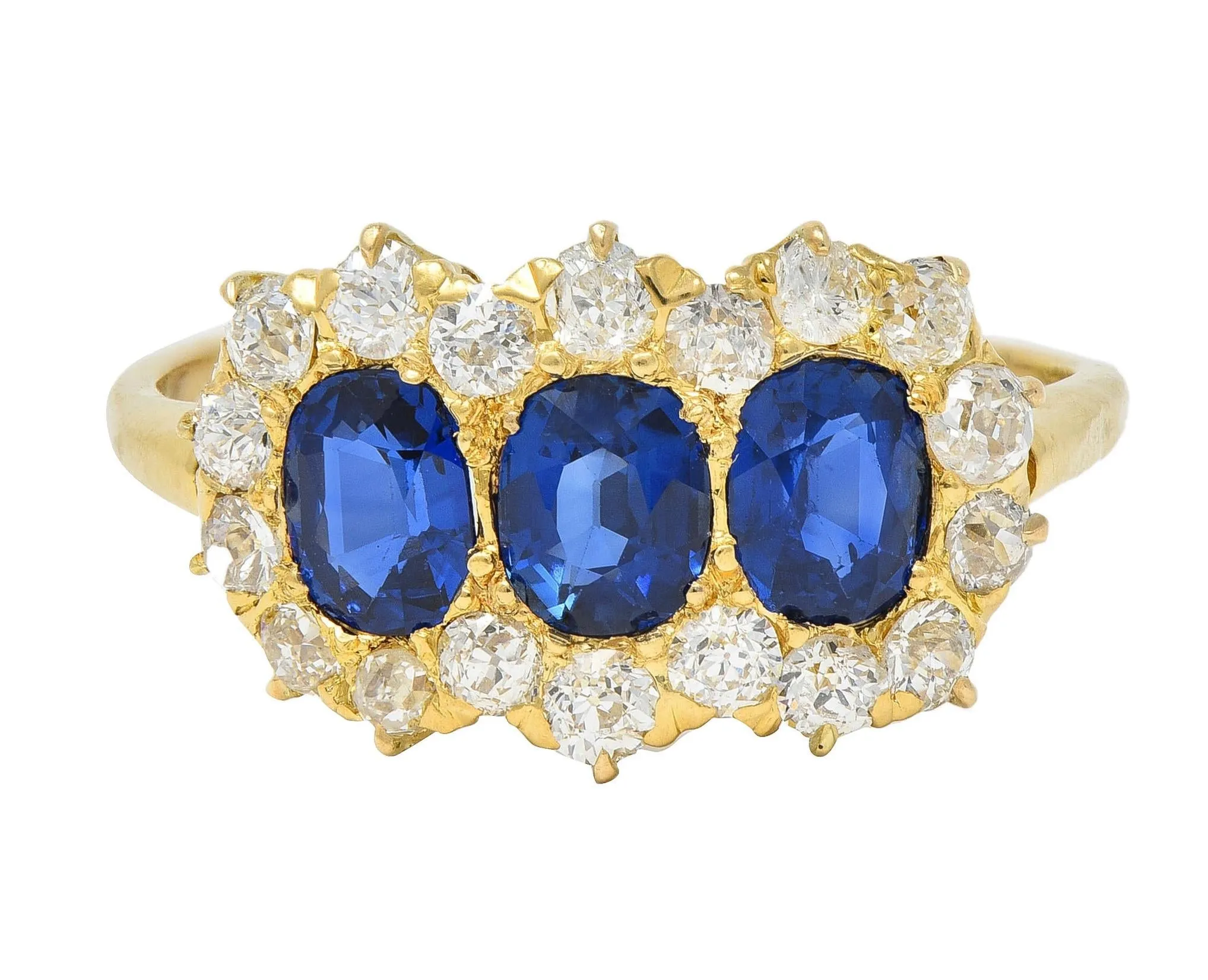 Victorian 2.58 CTW Sapphire Diamond 18 Karat Yellow Gold Antique Cluster Band Ring