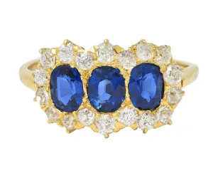 Victorian 2.58 CTW Sapphire Diamond 18 Karat Yellow Gold Antique Cluster Band Ring