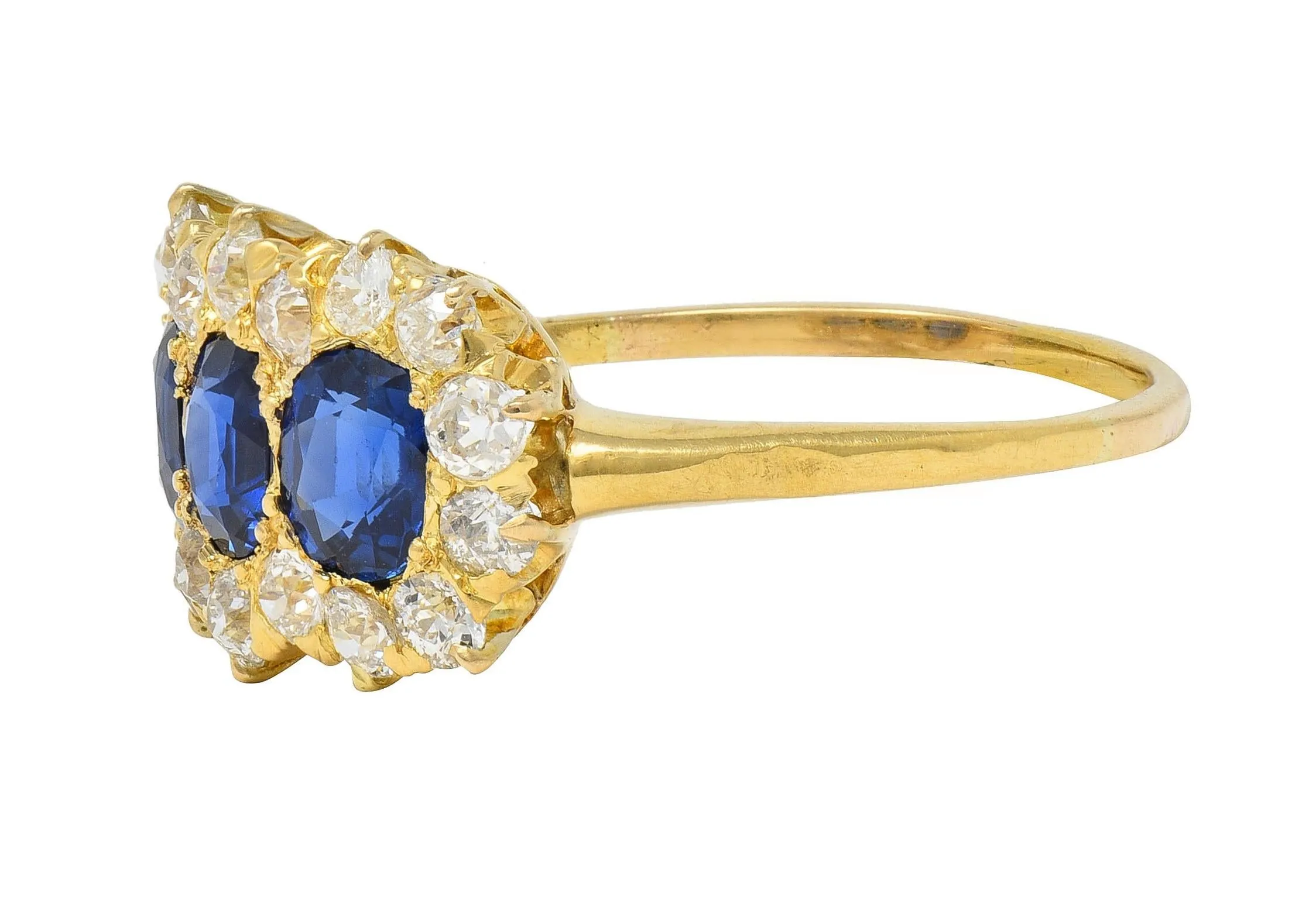 Victorian 2.58 CTW Sapphire Diamond 18 Karat Yellow Gold Antique Cluster Band Ring