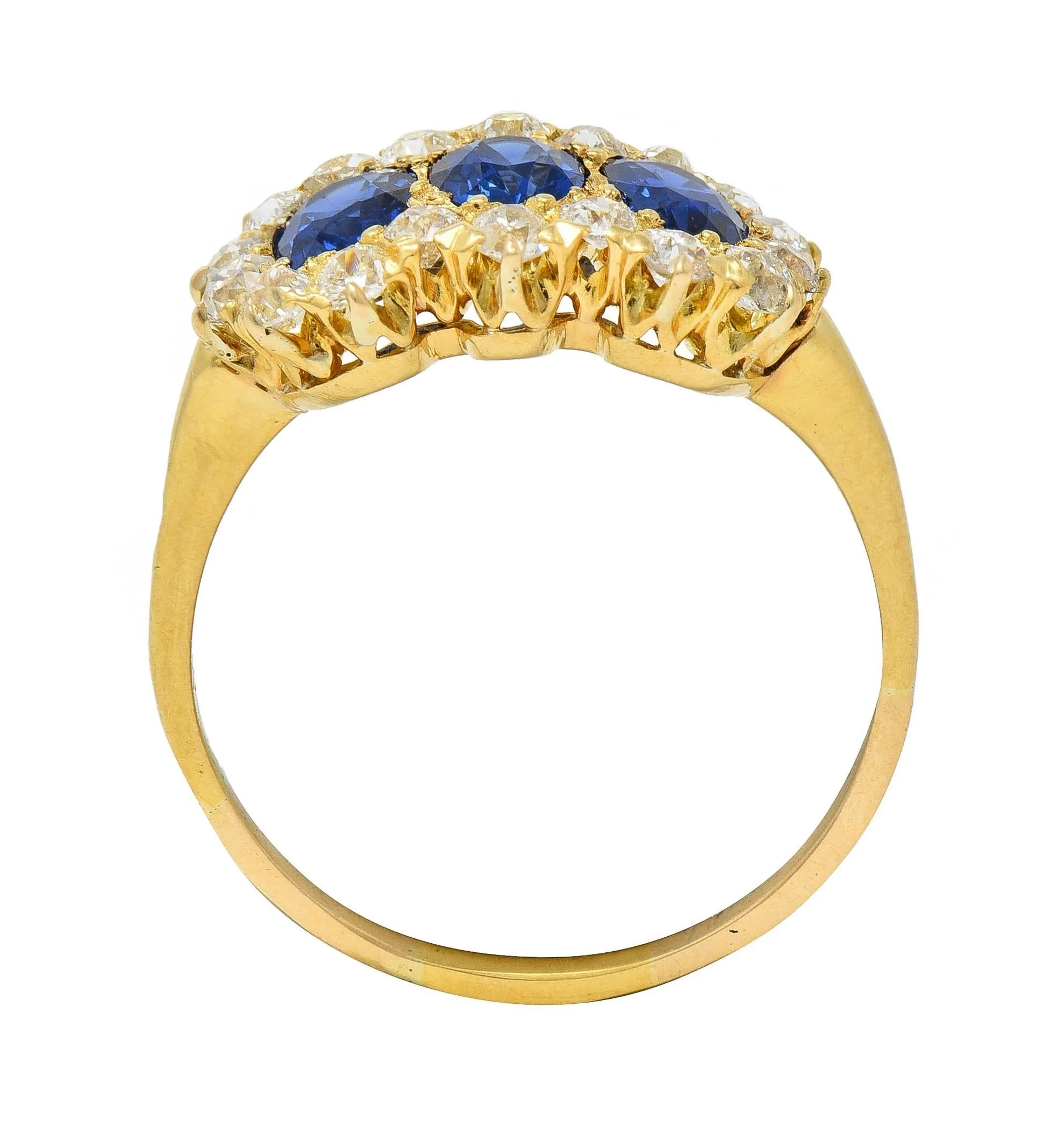 Victorian 2.58 CTW Sapphire Diamond 18 Karat Yellow Gold Antique Cluster Band Ring