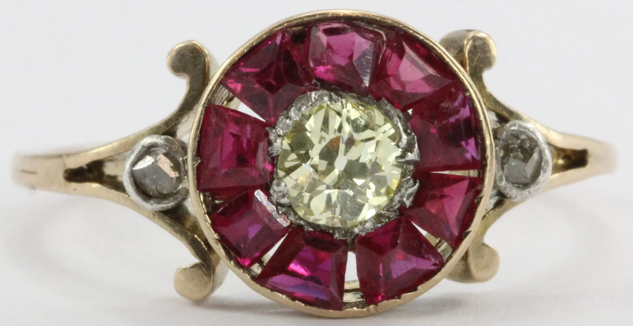 Victorian Fancy Yellow Old Mine / Rose Cut Diamond Ruby 18K Gold Silver Ring