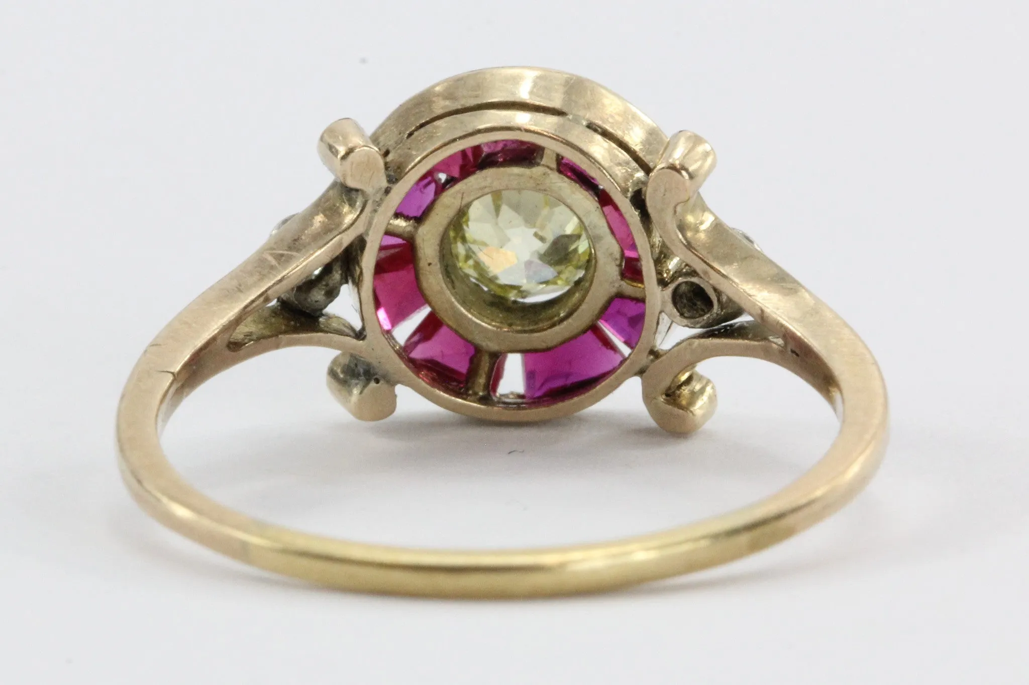 Victorian Fancy Yellow Old Mine / Rose Cut Diamond Ruby 18K Gold Silver Ring