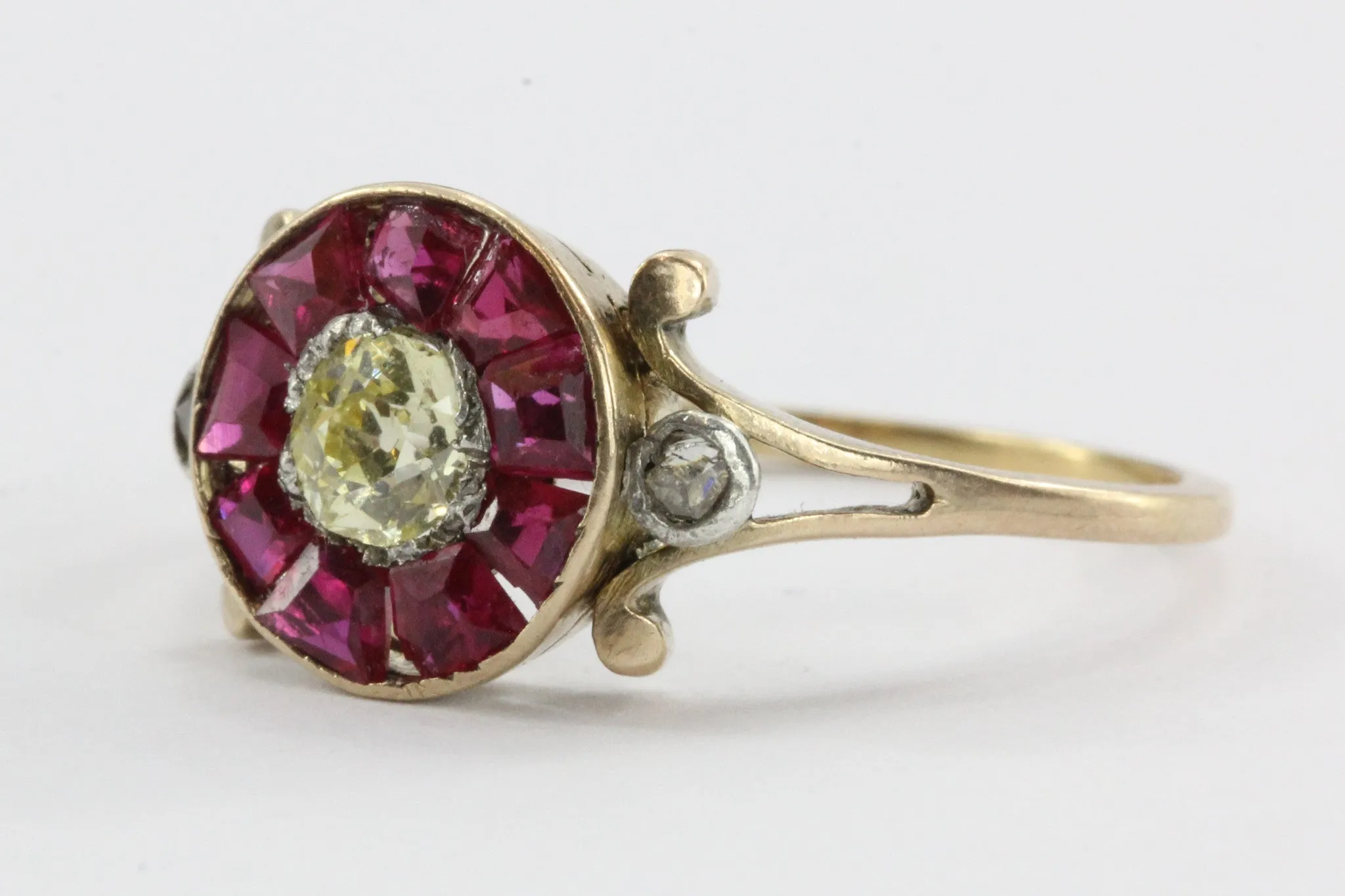 Victorian Fancy Yellow Old Mine / Rose Cut Diamond Ruby 18K Gold Silver Ring