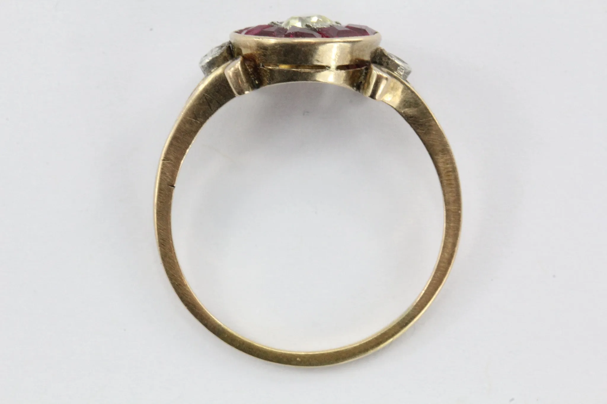 Victorian Fancy Yellow Old Mine / Rose Cut Diamond Ruby 18K Gold Silver Ring