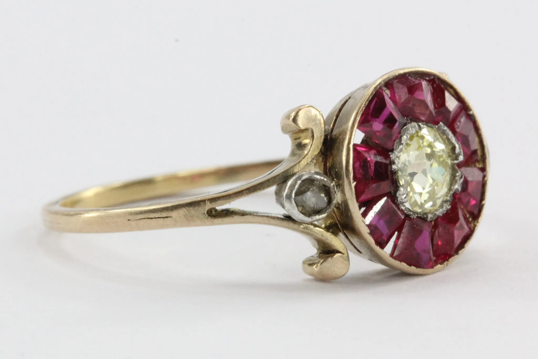 Victorian Fancy Yellow Old Mine / Rose Cut Diamond Ruby 18K Gold Silver Ring