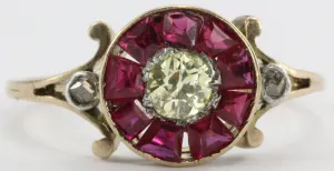 Victorian Fancy Yellow Old Mine / Rose Cut Diamond Ruby 18K Gold Silver Ring