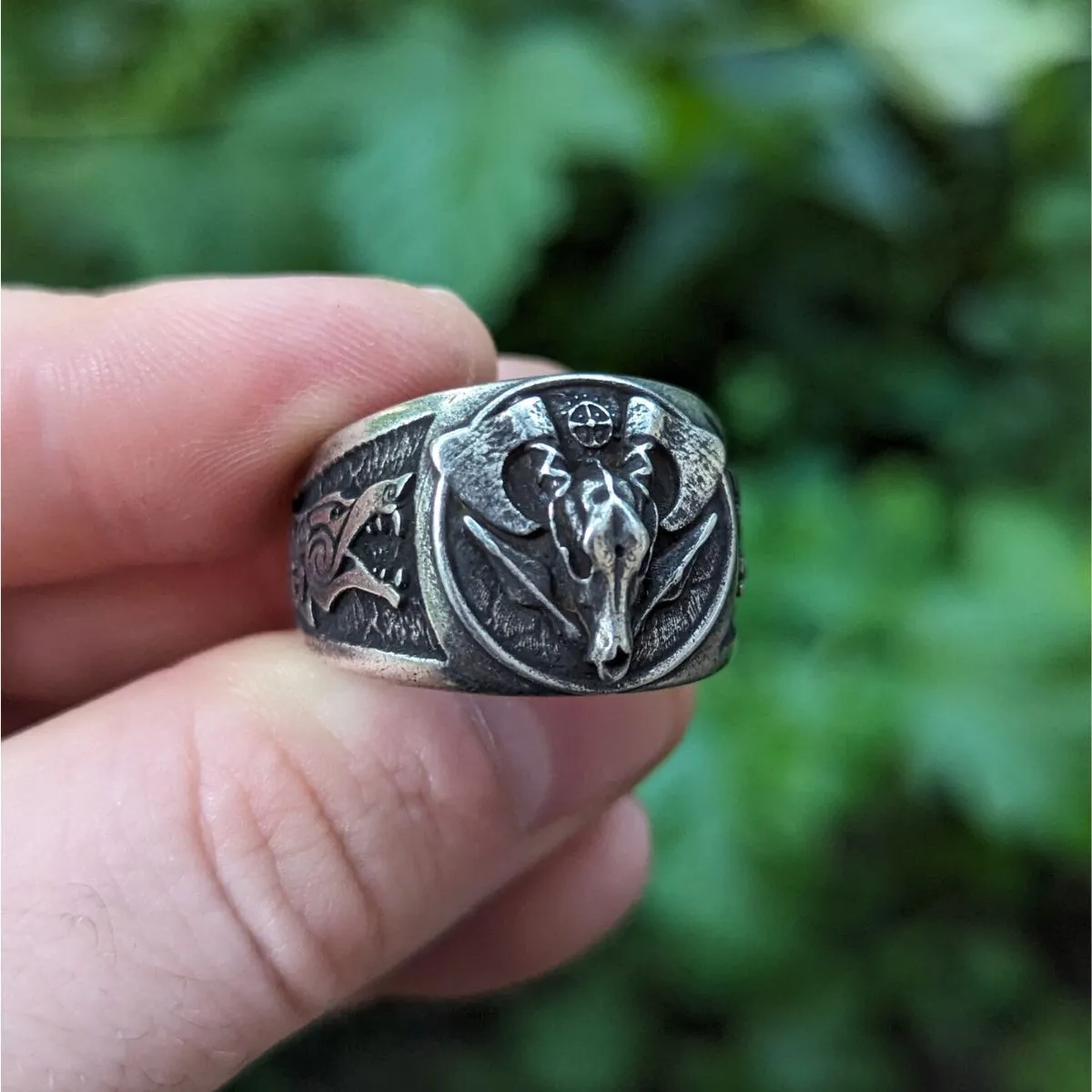 Viking wolf skull signet bronze ring