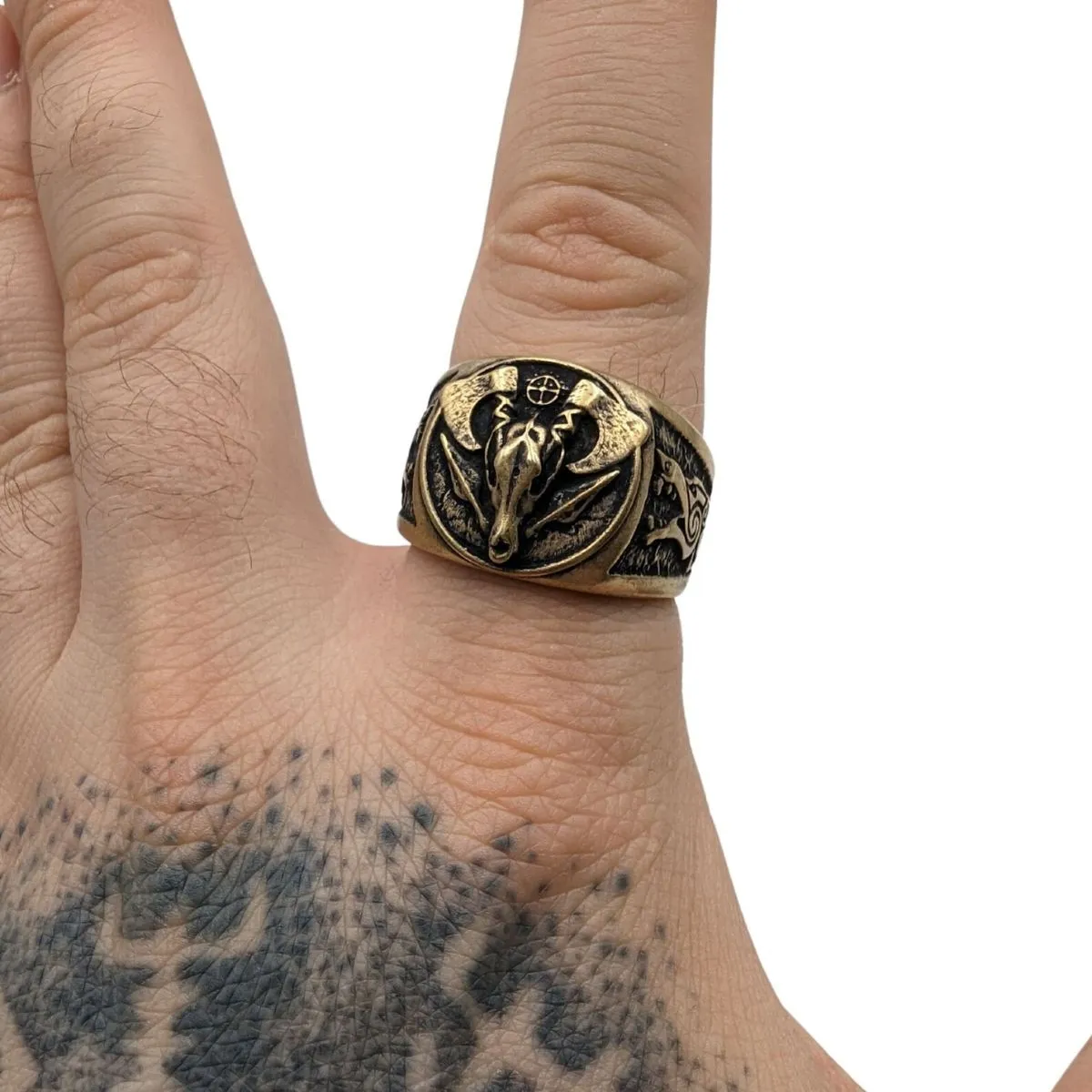 Viking wolf skull signet bronze ring