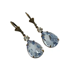 Vintage Blue Crystal Teardrop Dangle Prong Setting Earrings.