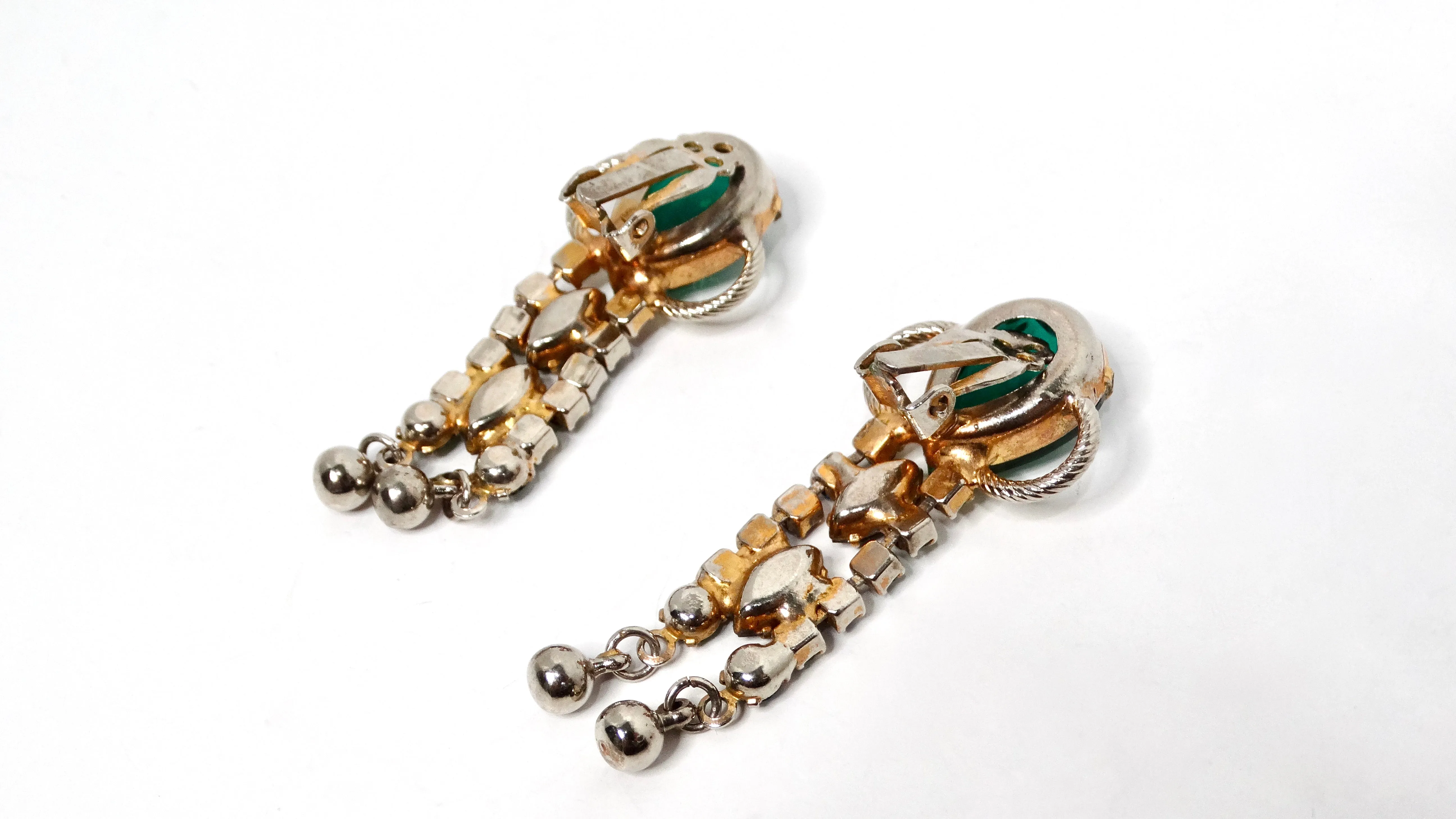 Vintage Emerald Green & Sapphire Blue Rhinestone Dangle Clip-On Earrings