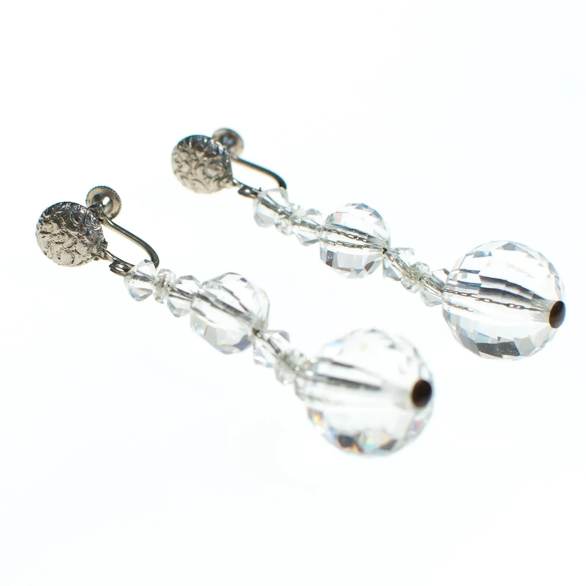 Vintage Faceted  Crystal Clear Glass Bead Earrings, Dangle Earrings, Screw Back