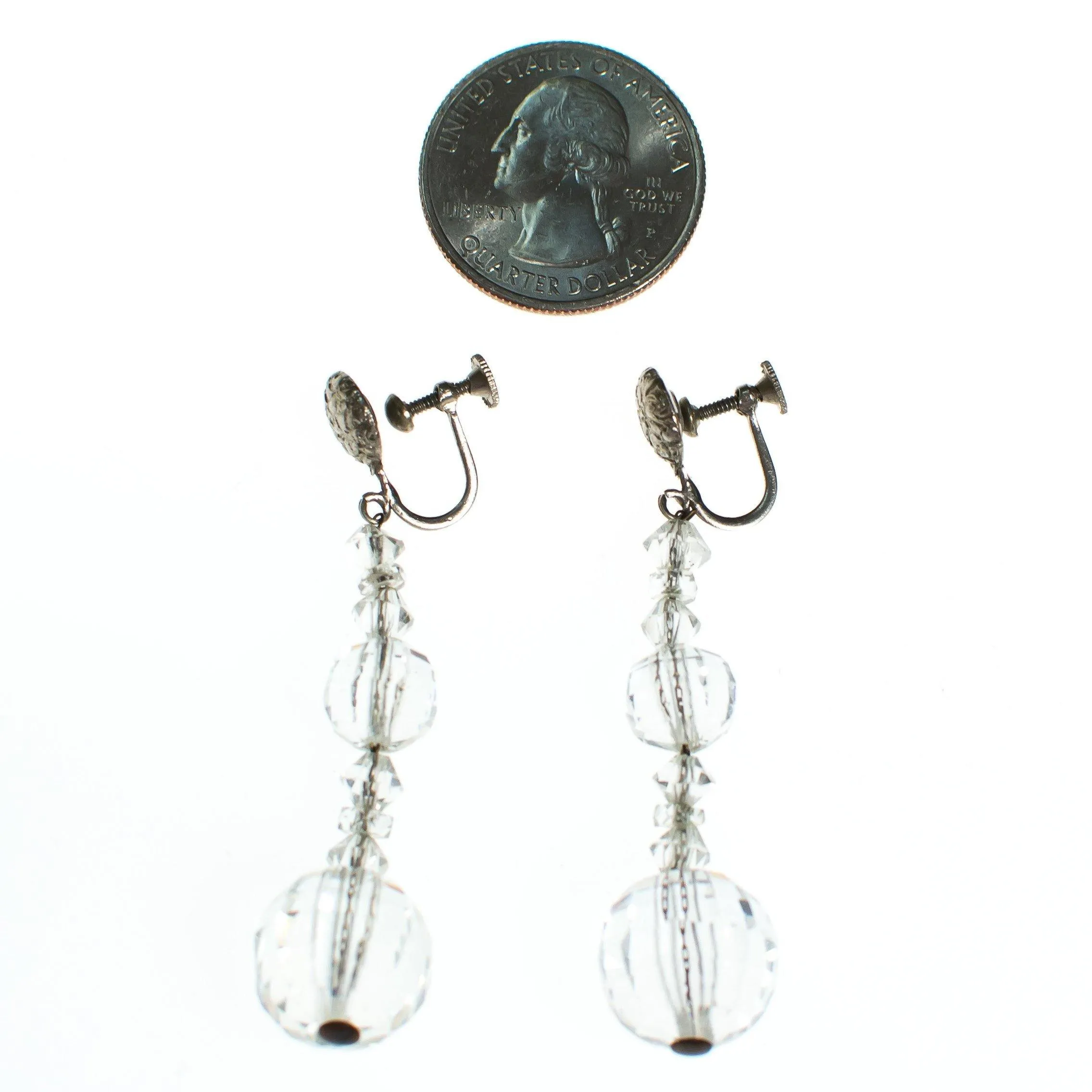 Vintage Faceted  Crystal Clear Glass Bead Earrings, Dangle Earrings, Screw Back