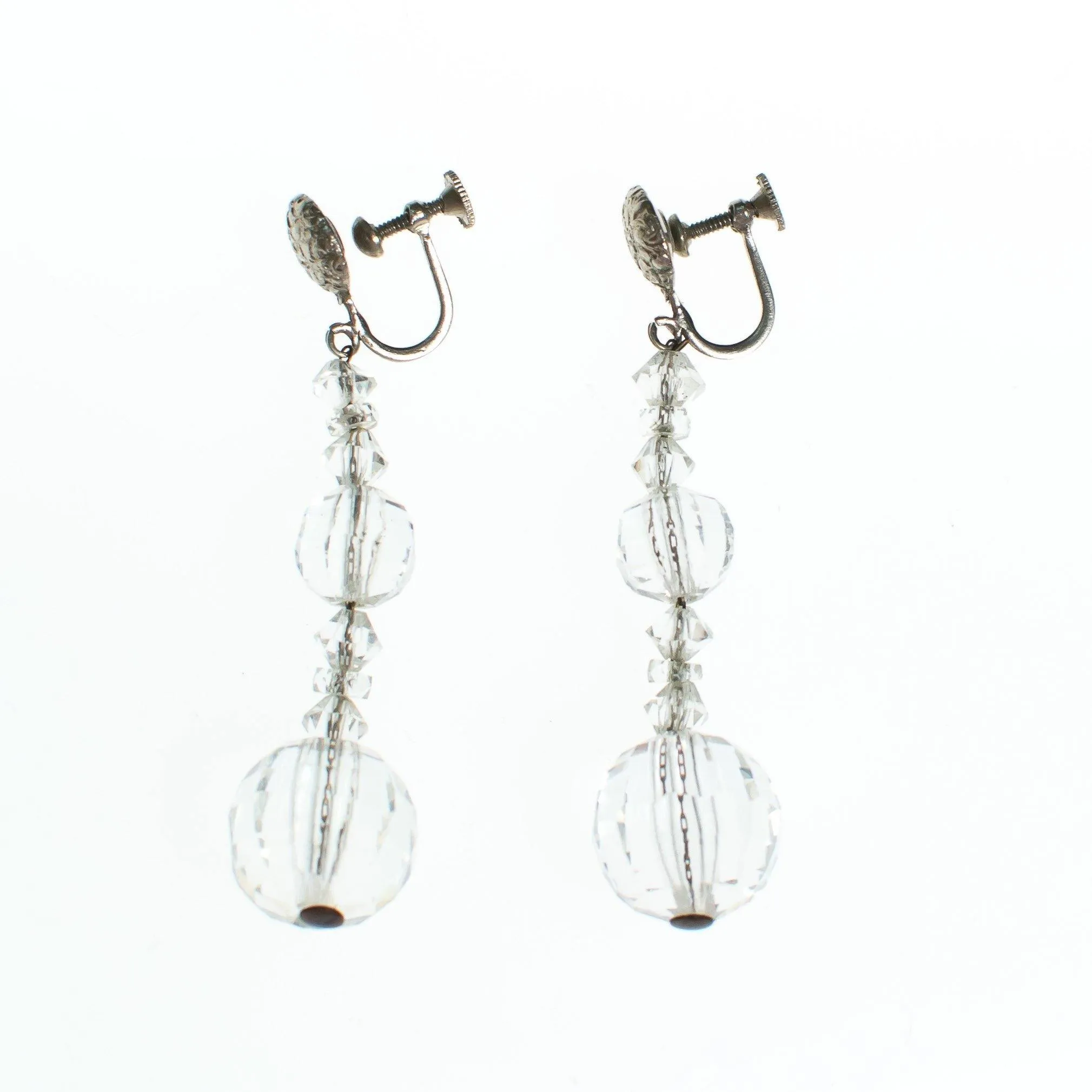 Vintage Faceted  Crystal Clear Glass Bead Earrings, Dangle Earrings, Screw Back