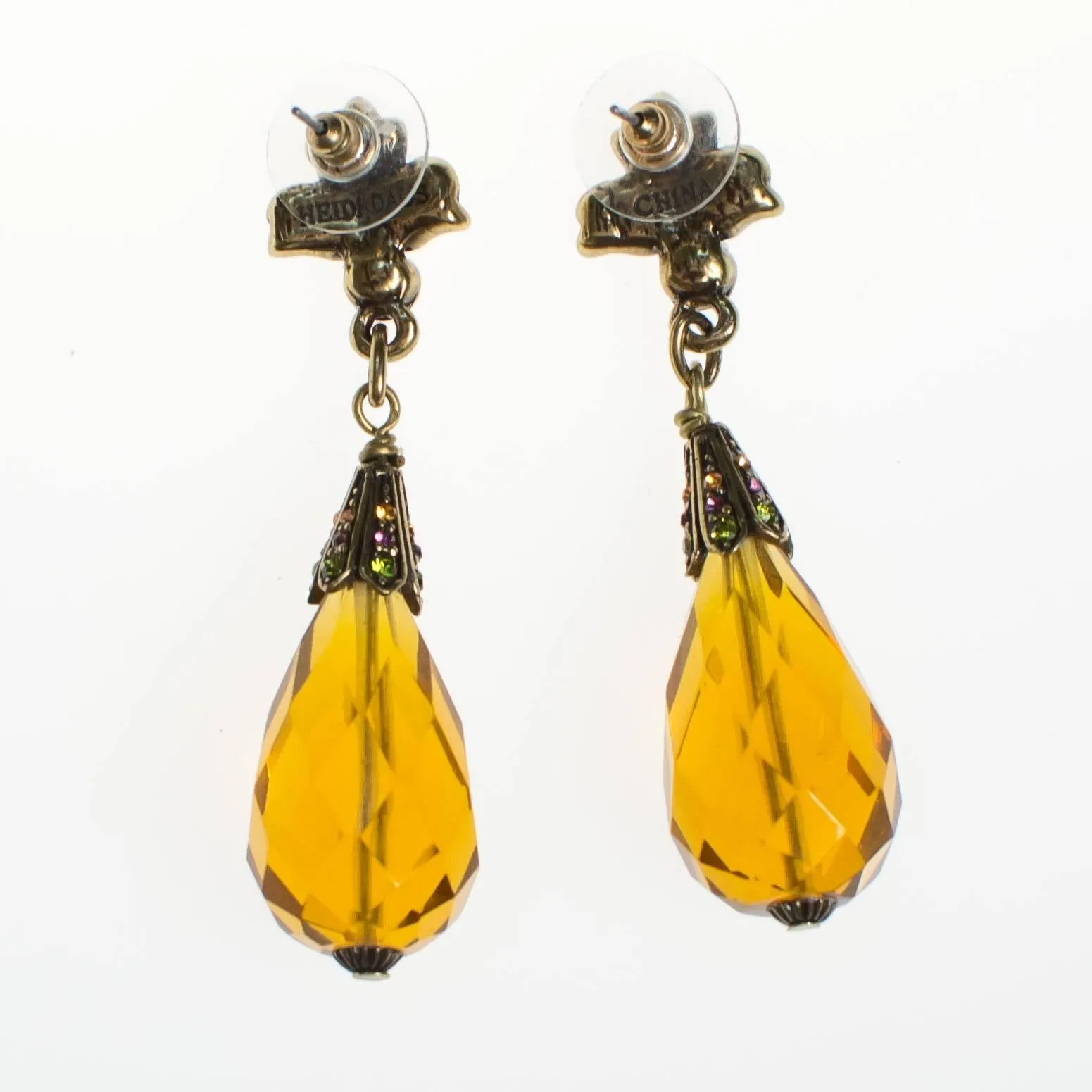 Vintage Heidi Daus Citrine Crystal and Amethyst, Garnet Rhinestone Dangling Drop Statement Earrings