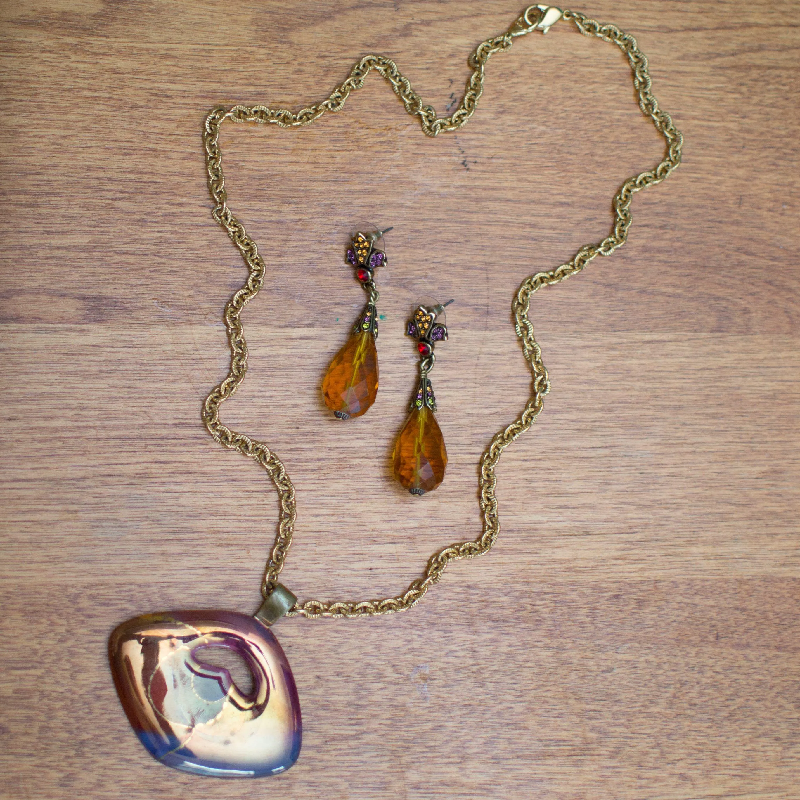 Vintage Heidi Daus Citrine Crystal and Amethyst, Garnet Rhinestone Dangling Drop Statement Earrings