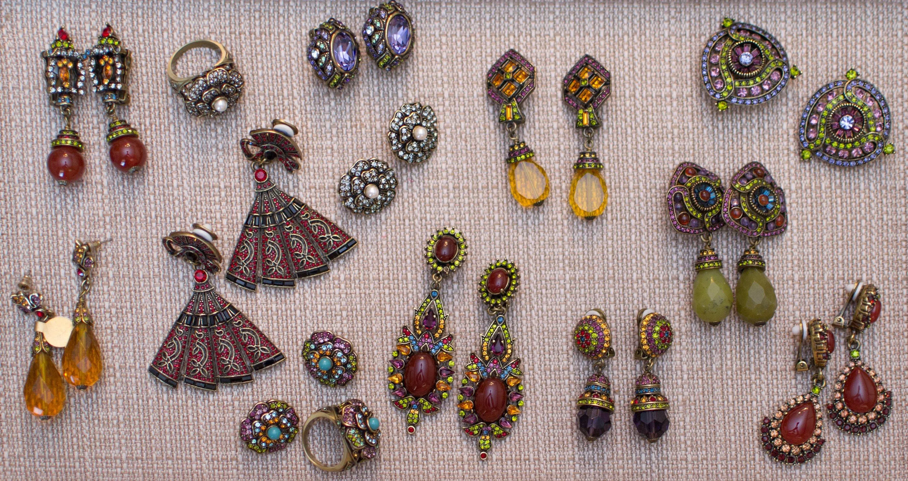 Vintage Heidi Daus Citrine Crystal and Amethyst, Garnet Rhinestone Dangling Drop Statement Earrings