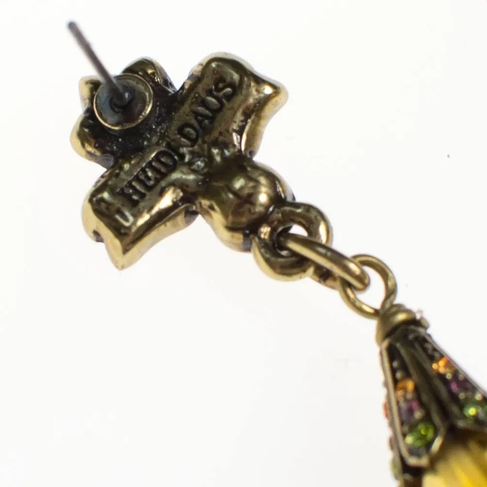 Vintage Heidi Daus Citrine Crystal and Amethyst, Garnet Rhinestone Dangling Drop Statement Earrings