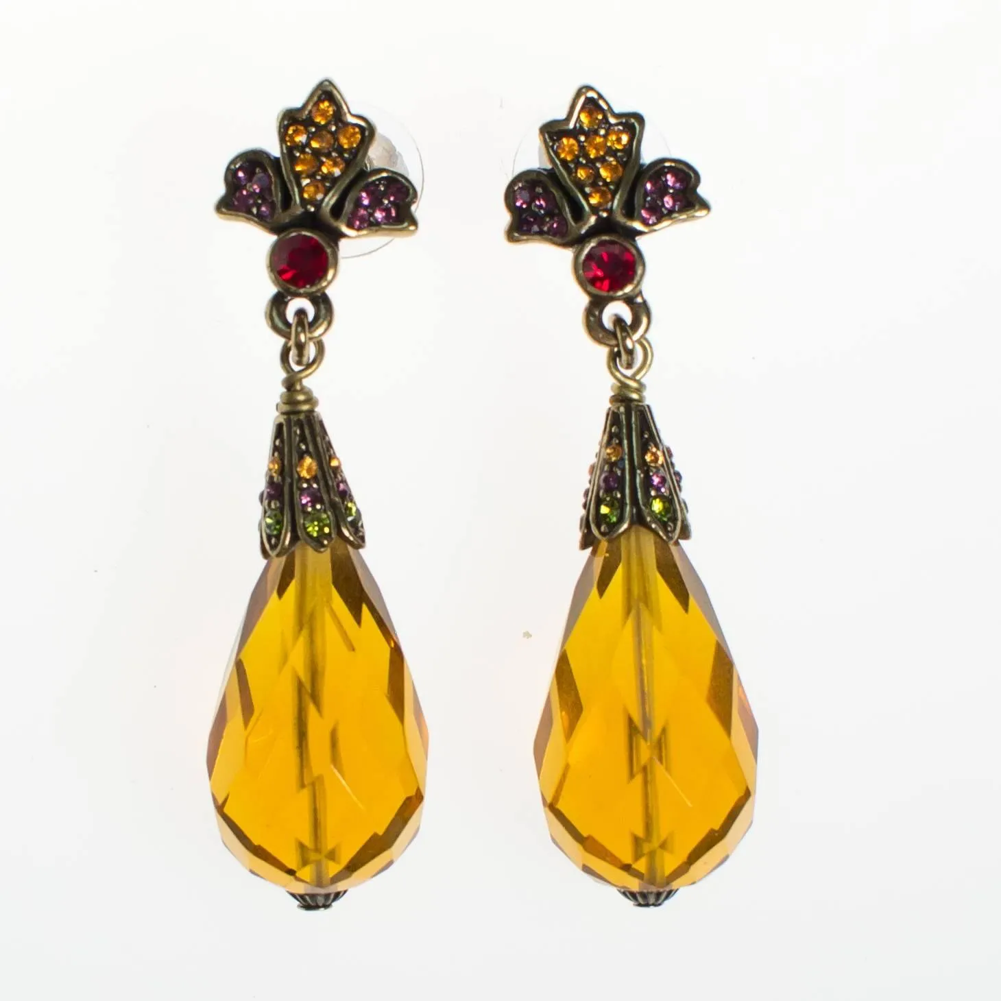 Vintage Heidi Daus Citrine Crystal and Amethyst, Garnet Rhinestone Dangling Drop Statement Earrings