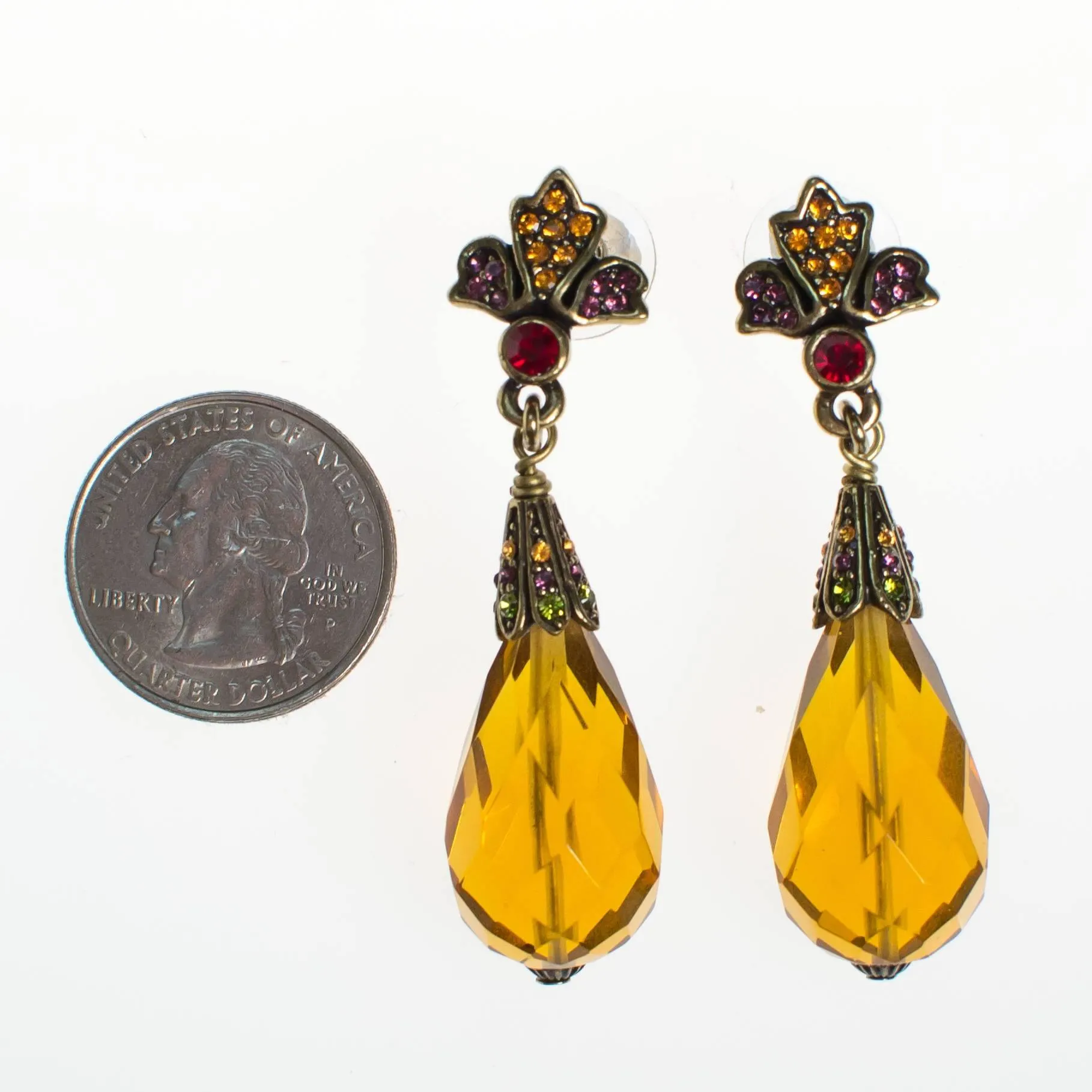 Vintage Heidi Daus Citrine Crystal and Amethyst, Garnet Rhinestone Dangling Drop Statement Earrings