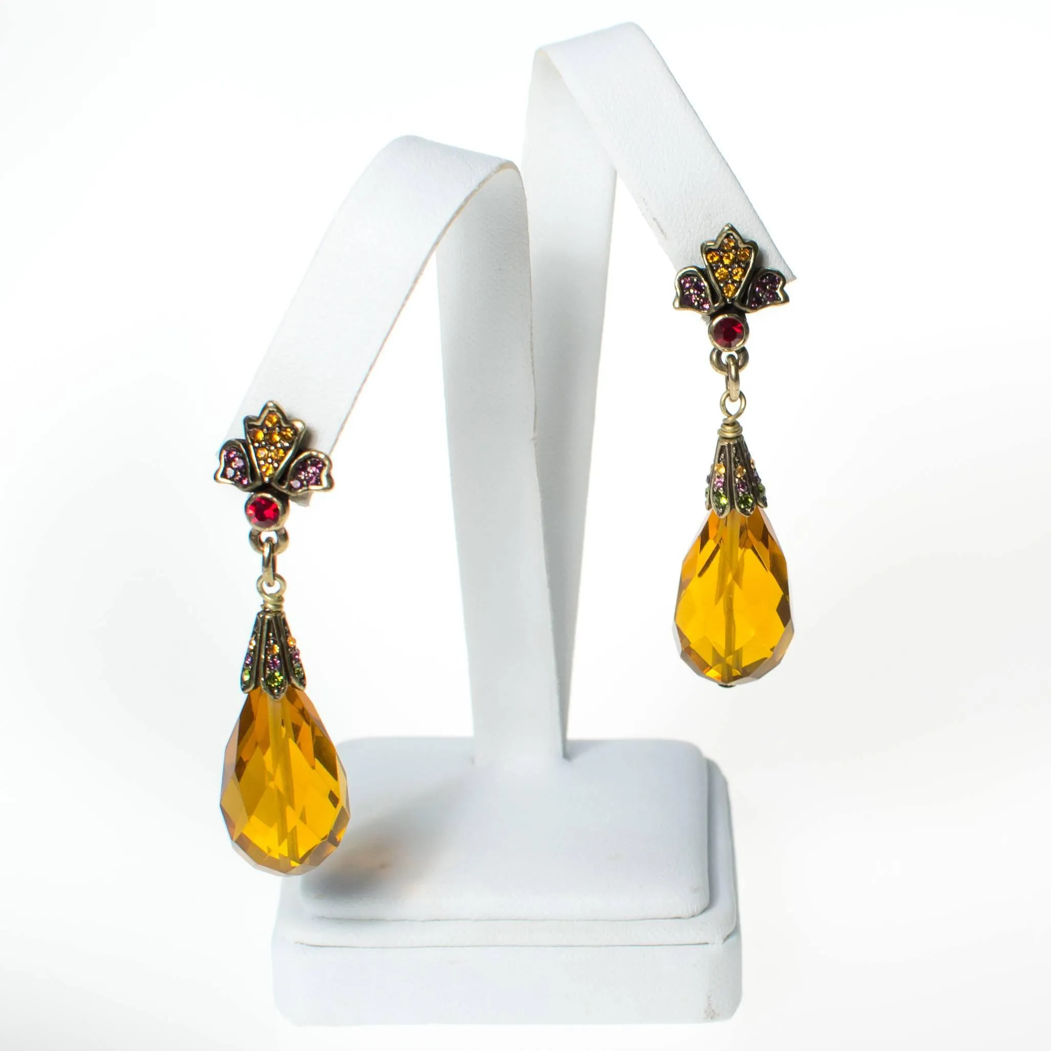 Vintage Heidi Daus Citrine Crystal and Amethyst, Garnet Rhinestone Dangling Drop Statement Earrings