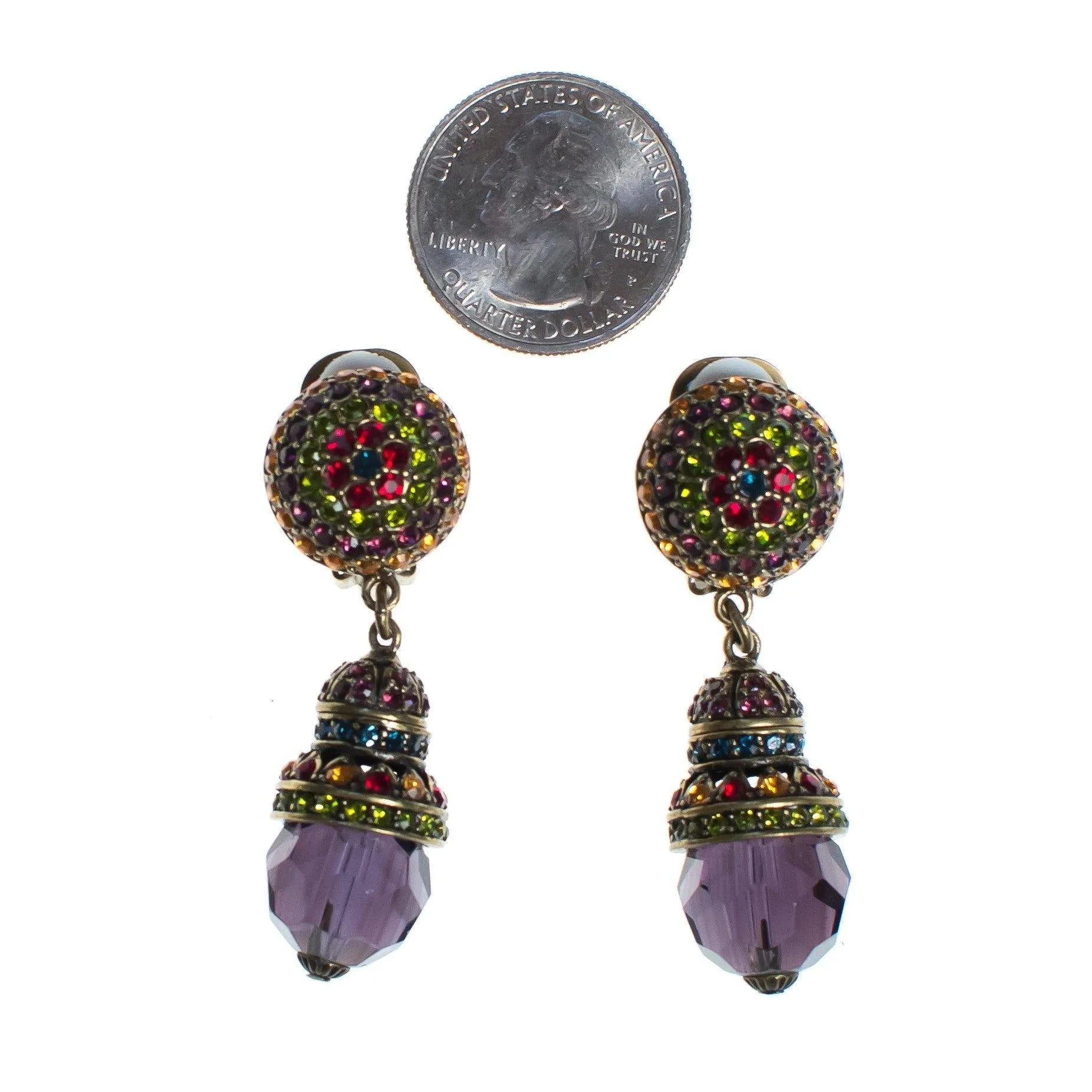 Vintage Heidi Daus Statement Earrings, Blue, Red, Yellow, Purple, and Orange Rhinestones, Dangle Earrings, Gold Tone Setting, Clip-on
