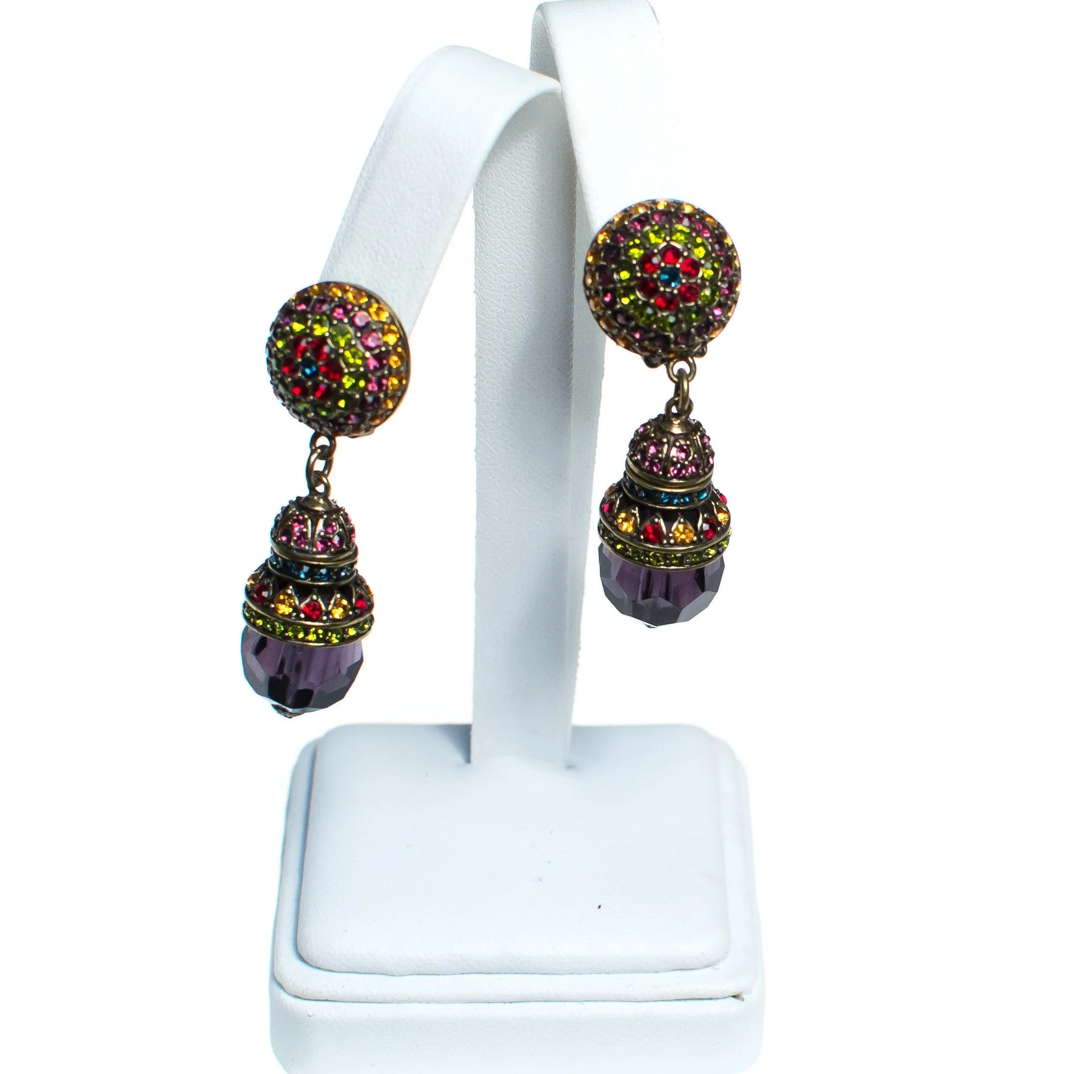 Vintage Heidi Daus Statement Earrings, Blue, Red, Yellow, Purple, and Orange Rhinestones, Dangle Earrings, Gold Tone Setting, Clip-on