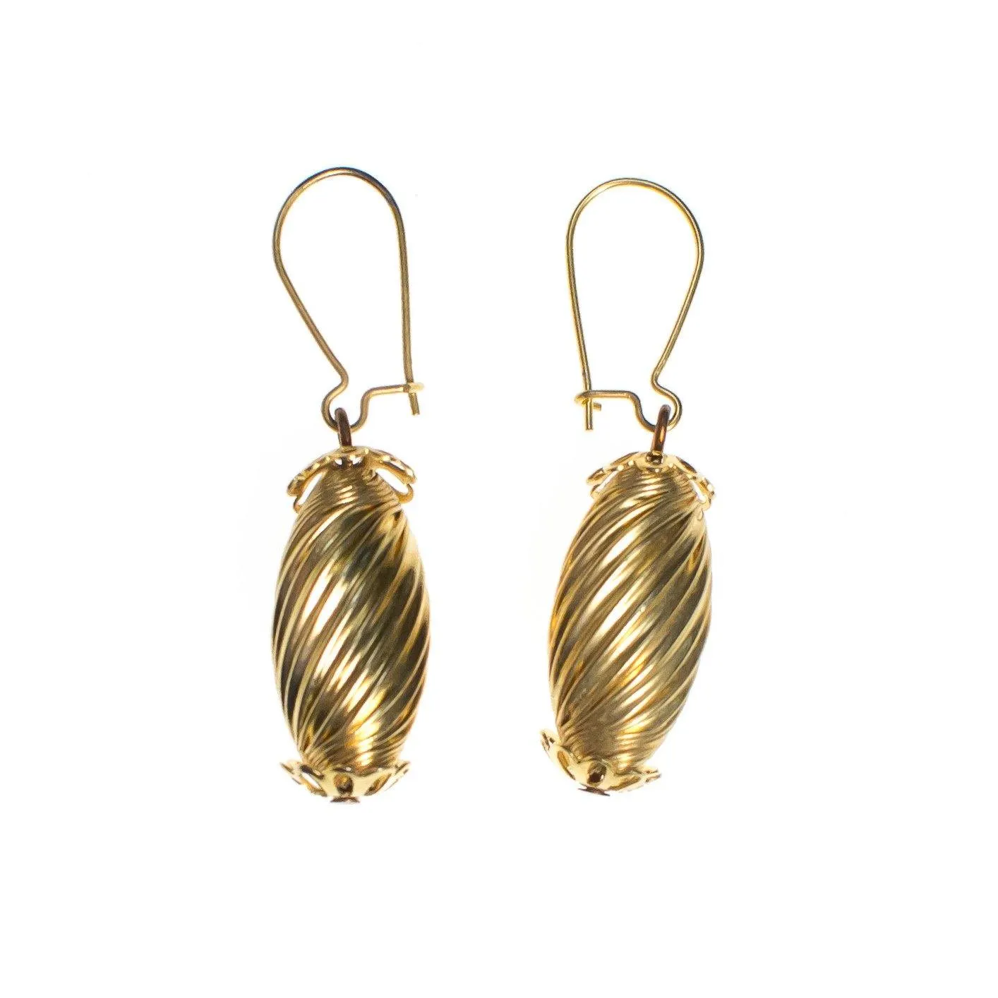 Vintage Rochelle Fluted Bead Gold Plated Dangling Pierced Earrings New Old Stock 1970s