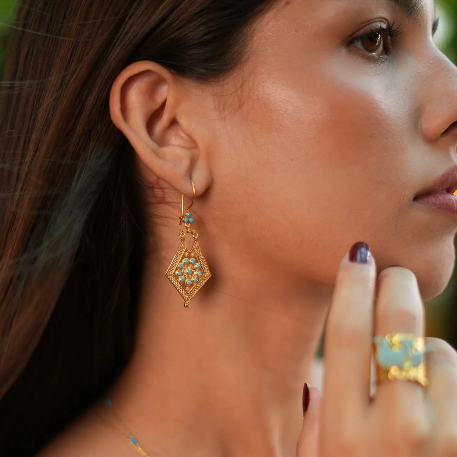 Vintage Style Gold & Turquoise Design Dangle Earrings