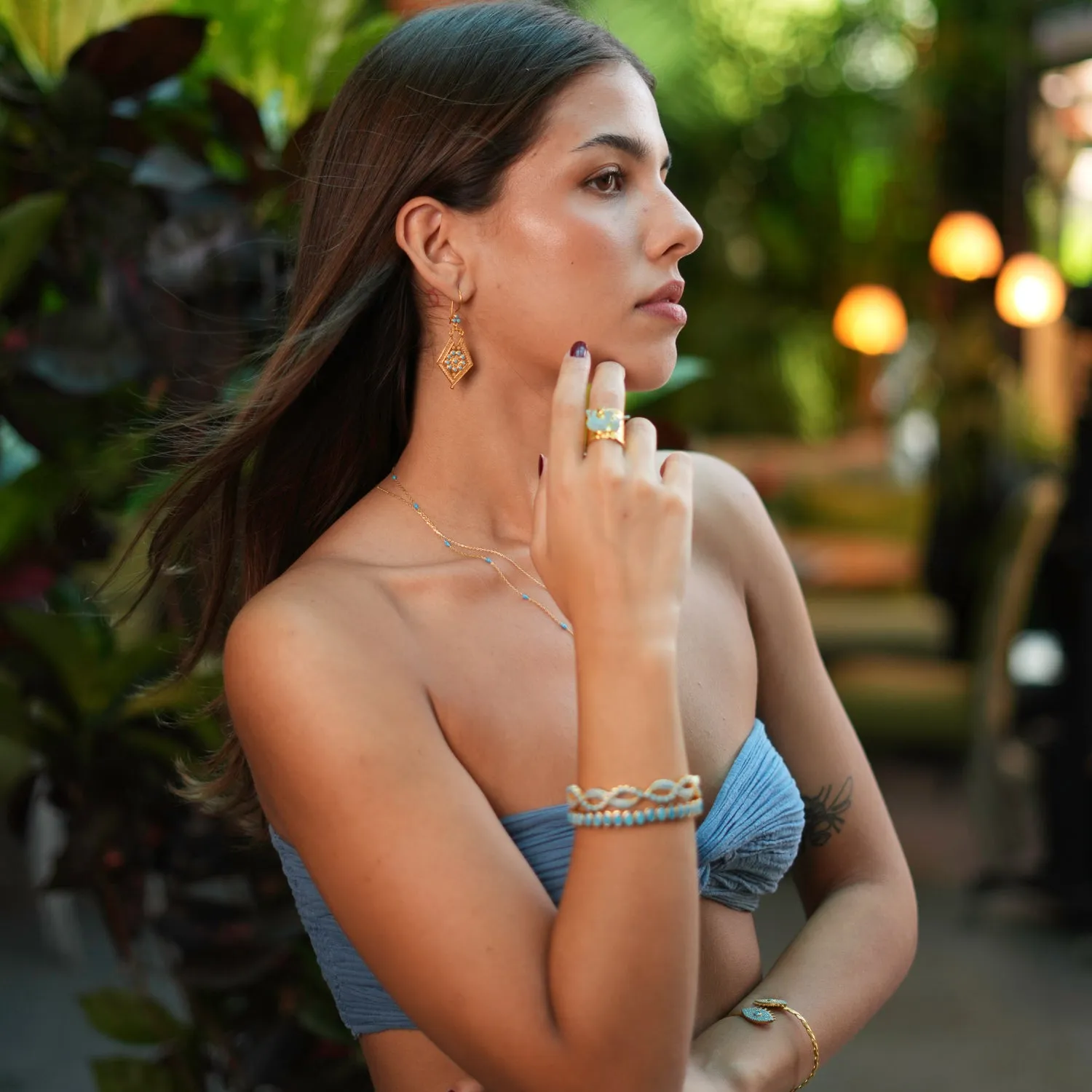Vintage Style Gold & Turquoise Design Dangle Earrings