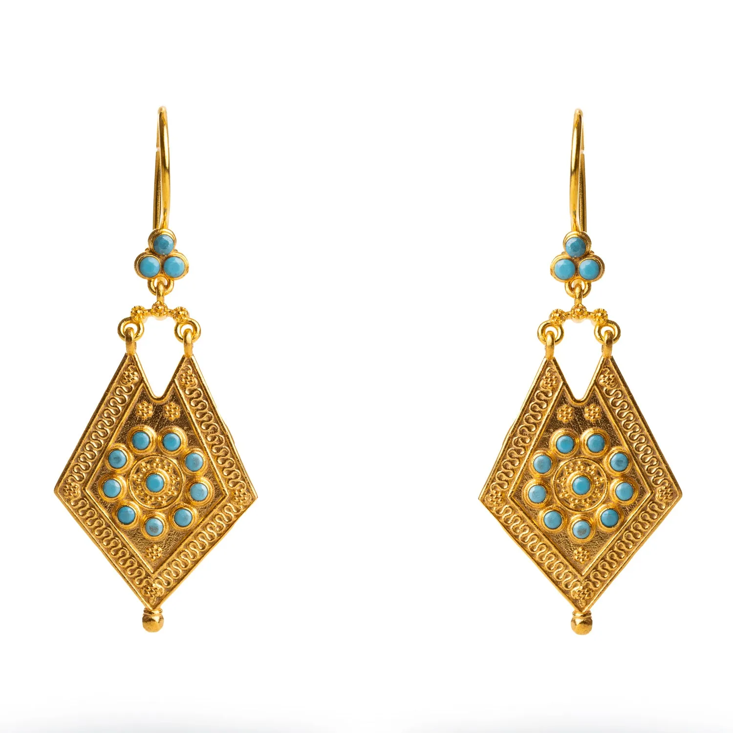 Vintage Style Gold & Turquoise Design Dangle Earrings