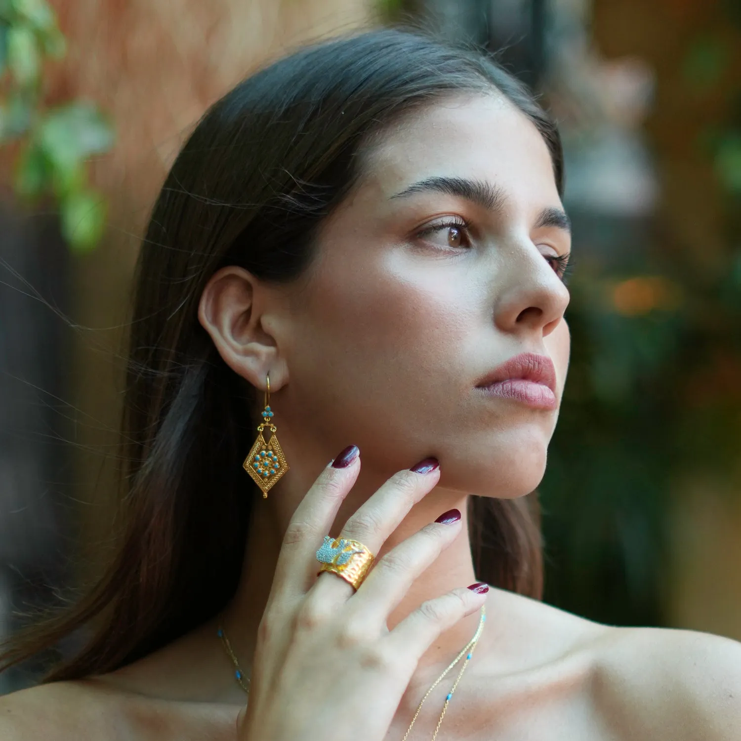 Vintage Style Gold & Turquoise Design Dangle Earrings