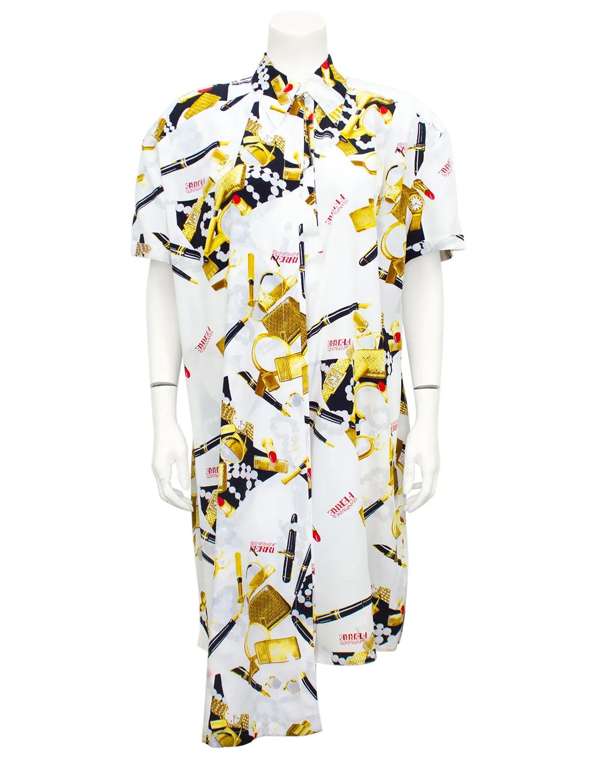 White, Black and Gold Asymmetric Silk Printed Dress