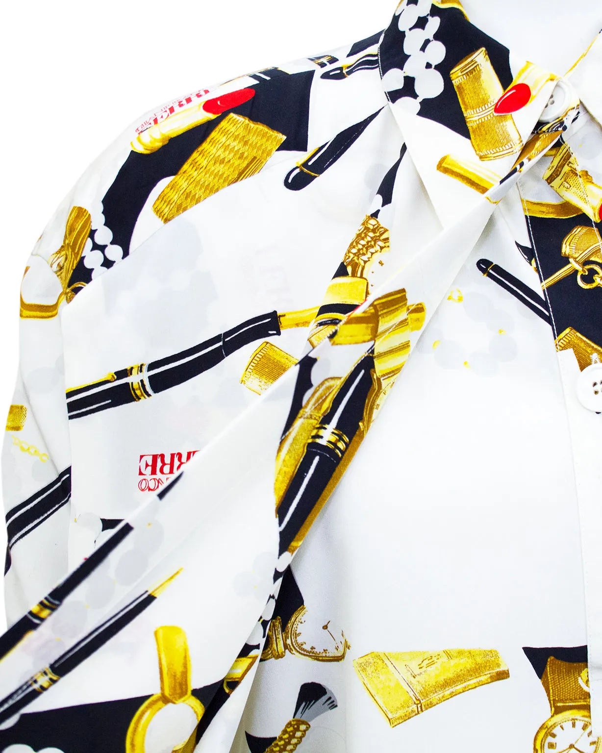 White, Black and Gold Asymmetric Silk Printed Dress