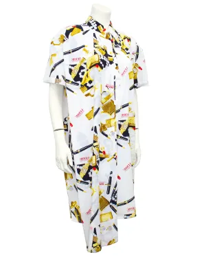 White, Black and Gold Asymmetric Silk Printed Dress
