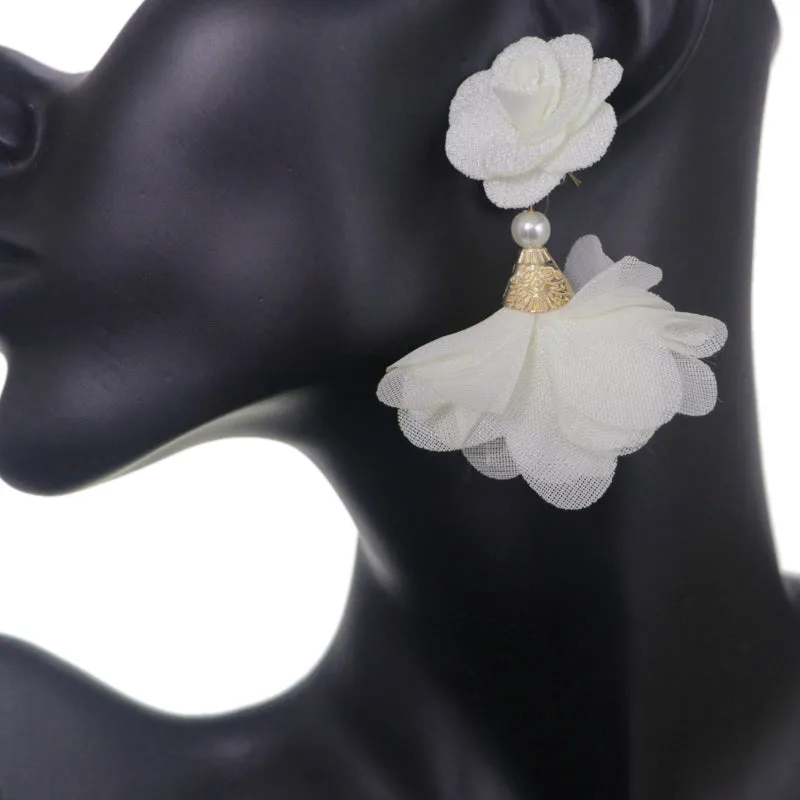 White Floral Nylon Dangle Earrings