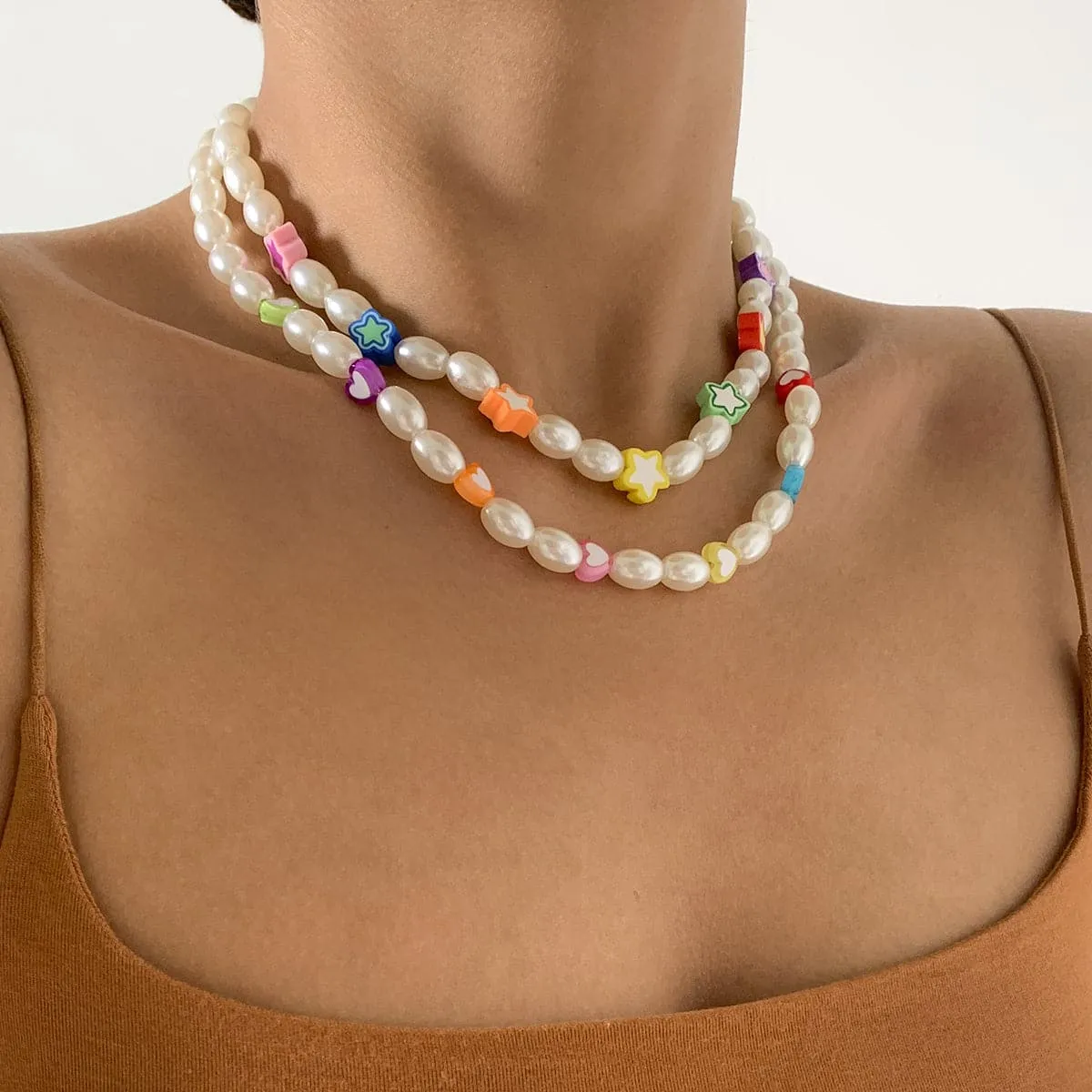 White Pearl & Silver-Plated Heart Star Necklace Set